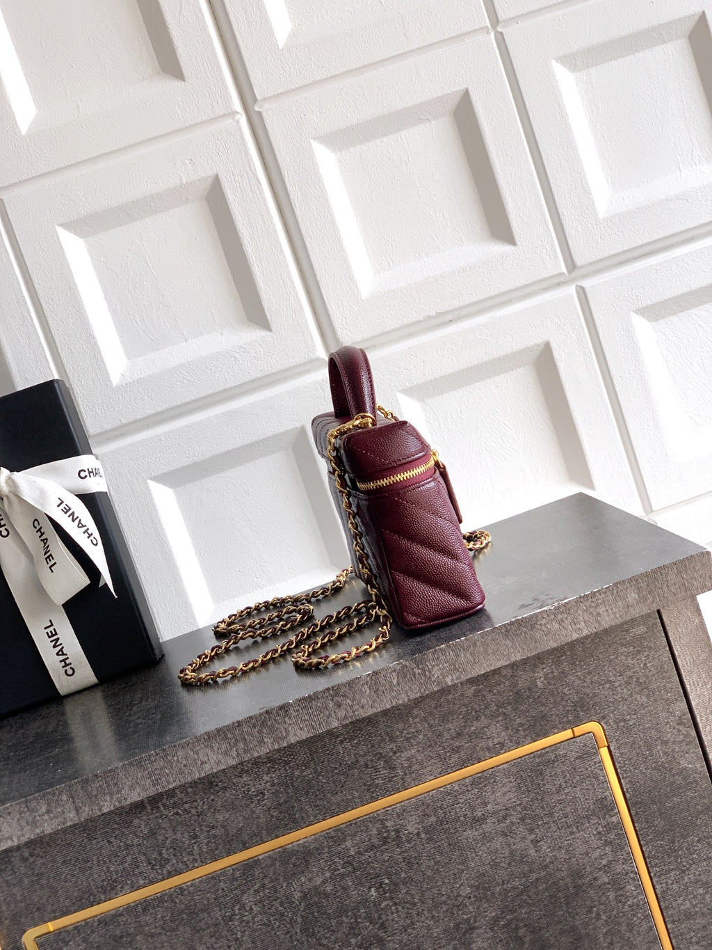 Chanel 26P Lunchbox Vanity Bag — Burgundy Caviar Leather with Antique Gold Hardware