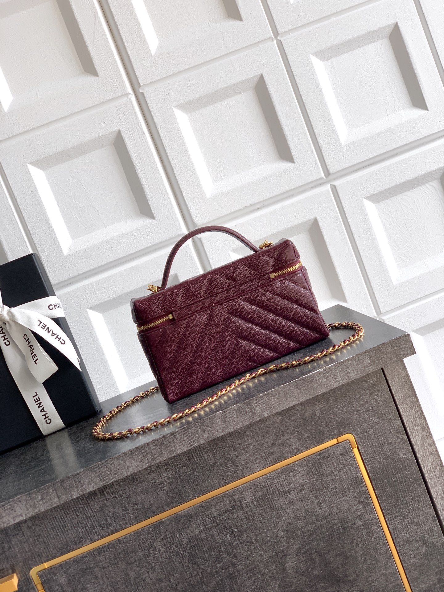 Chanel 26P Lunchbox Vanity Bag — Burgundy Caviar Leather with Antique Gold Hardware