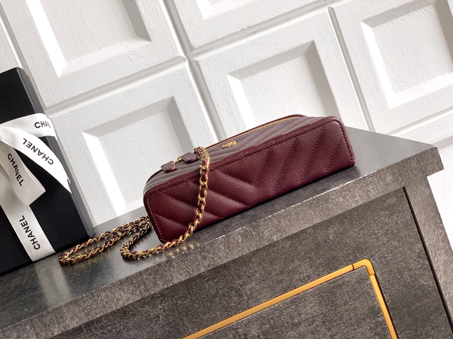 Chanel 26P Lunchbox Vanity Bag — Burgundy Caviar Leather with Antique Gold Hardware
