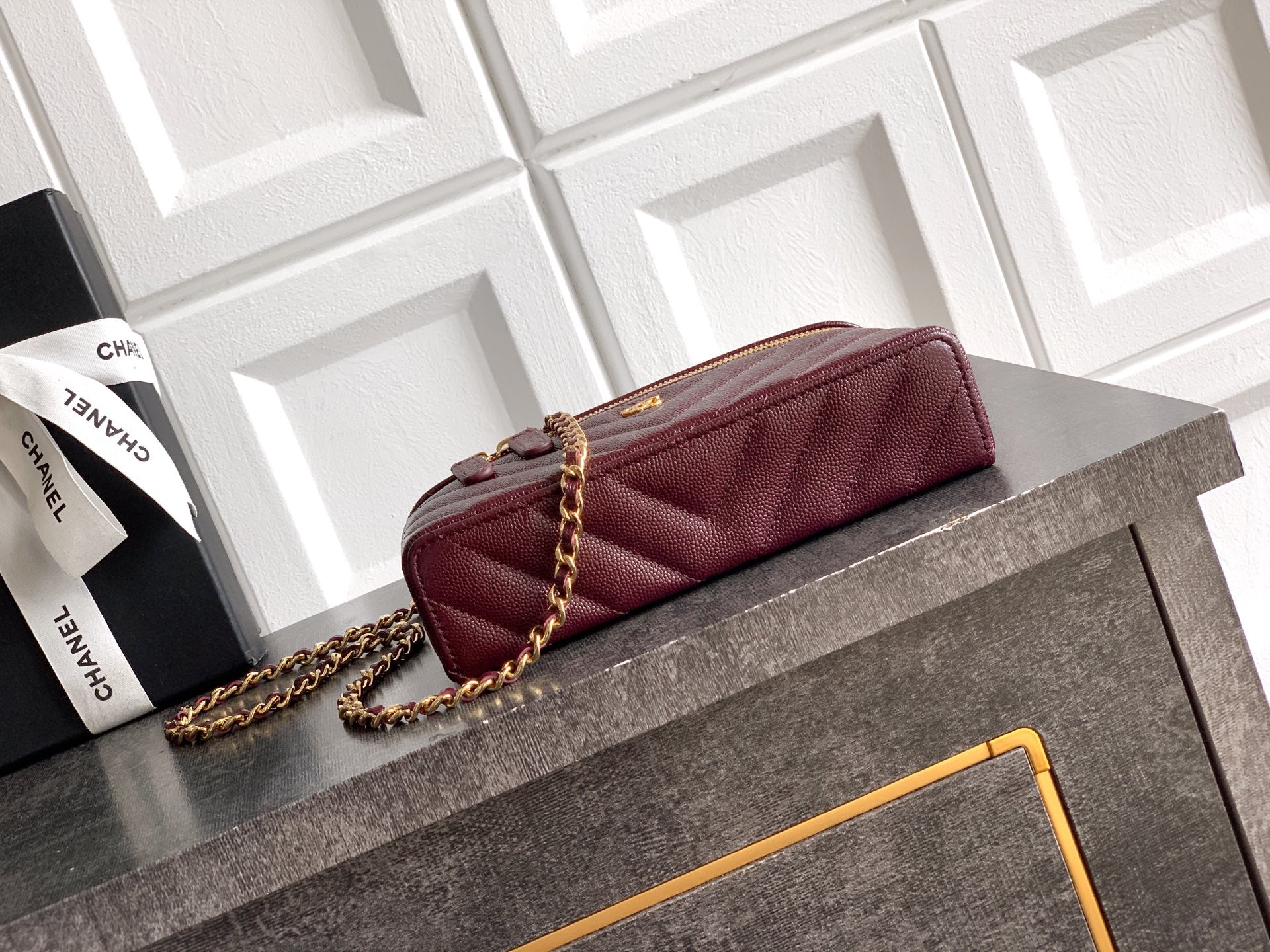 Chanel 26P Lunchbox Vanity Bag — Burgundy Caviar Leather with Antique Gold Hardware