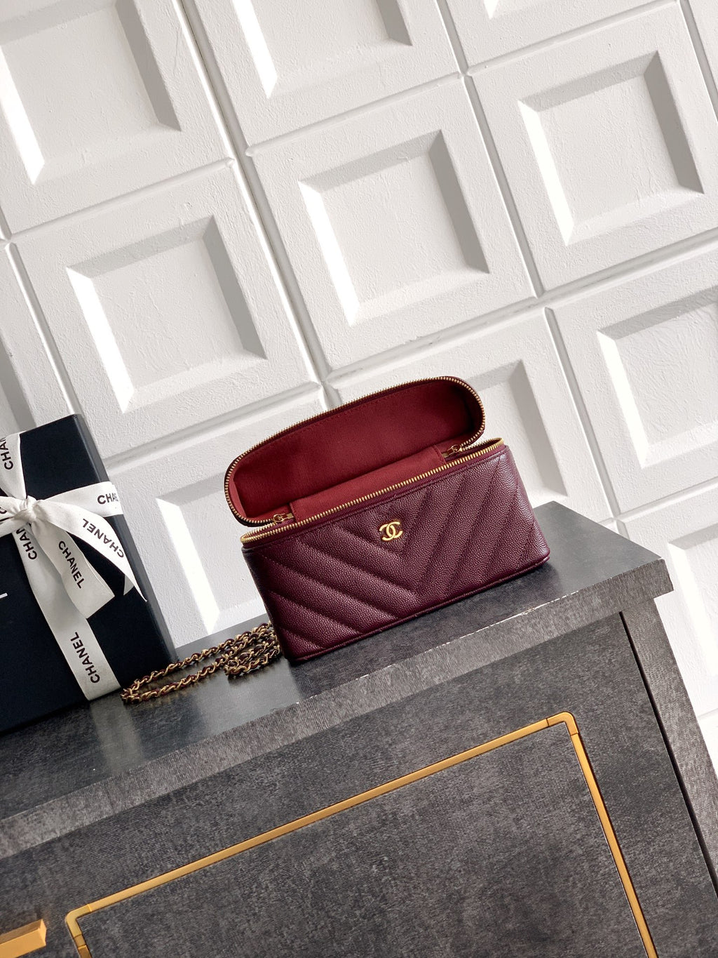 Chanel 26P Lunchbox Vanity Bag — Burgundy Caviar Leather with Antique Gold Hardware