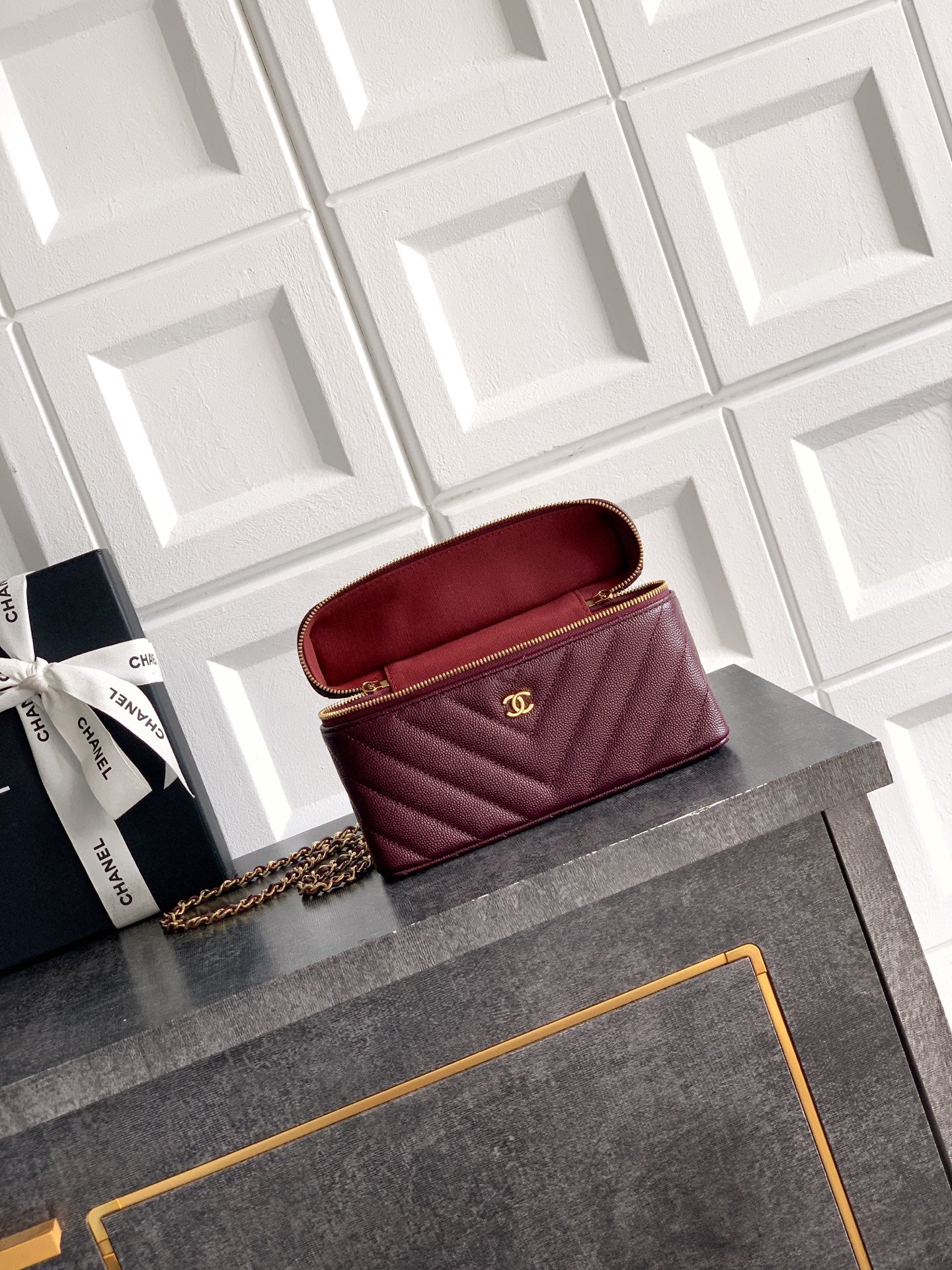 Chanel 26P Lunchbox Vanity Bag — Burgundy Caviar Leather with Antique Gold Hardware