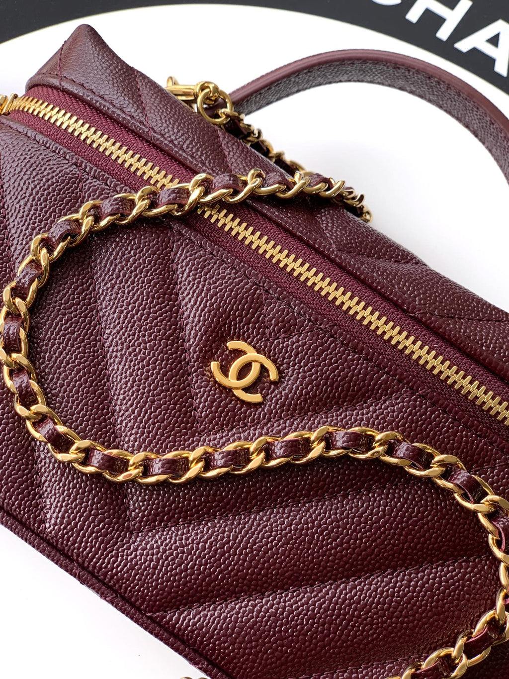 Chanel 26P Lunchbox Vanity Bag — Burgundy Caviar Leather with Antique Gold Hardware