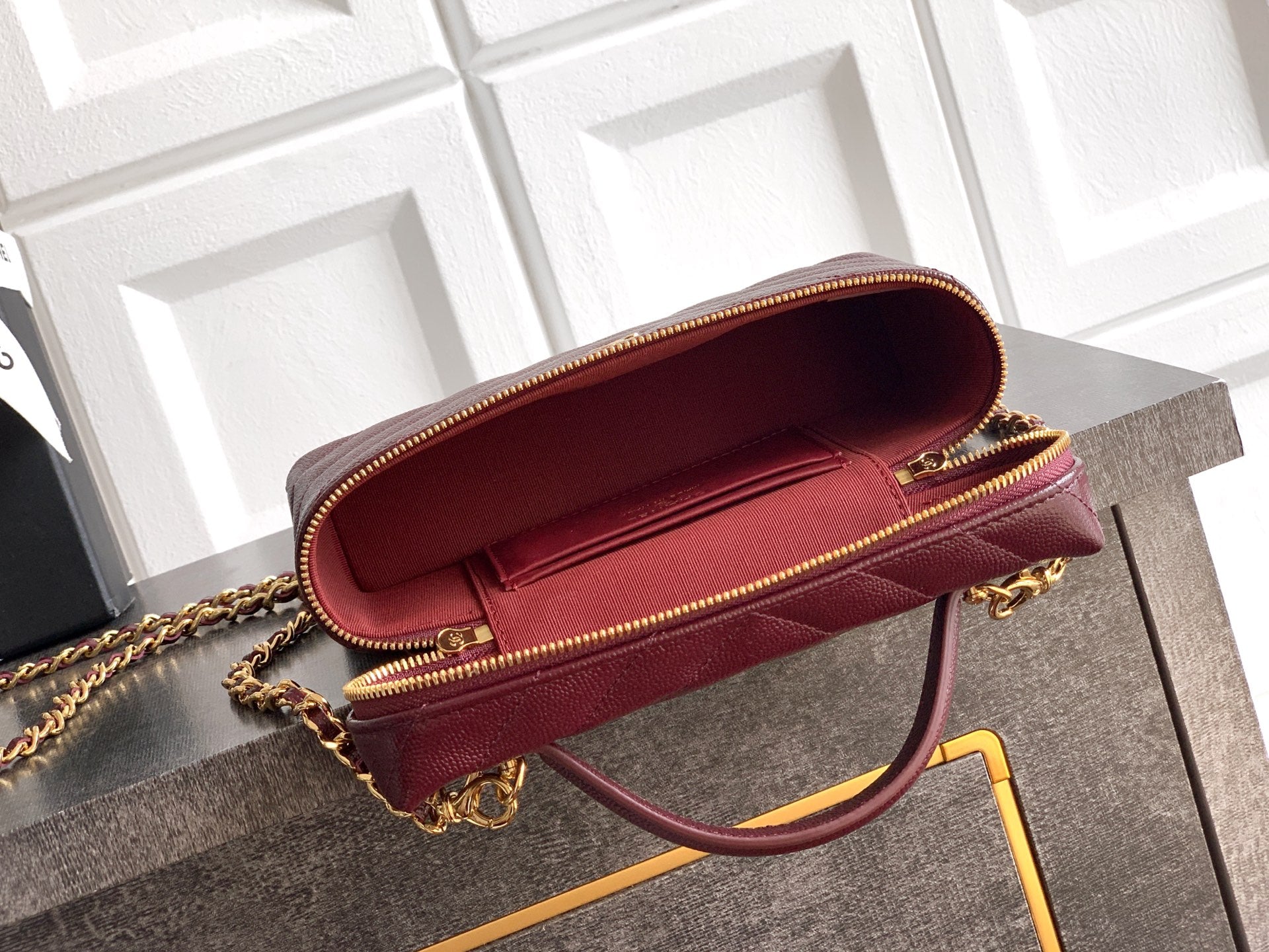 Chanel 26P Lunchbox Vanity Bag — Burgundy Caviar Leather with Antique Gold Hardware