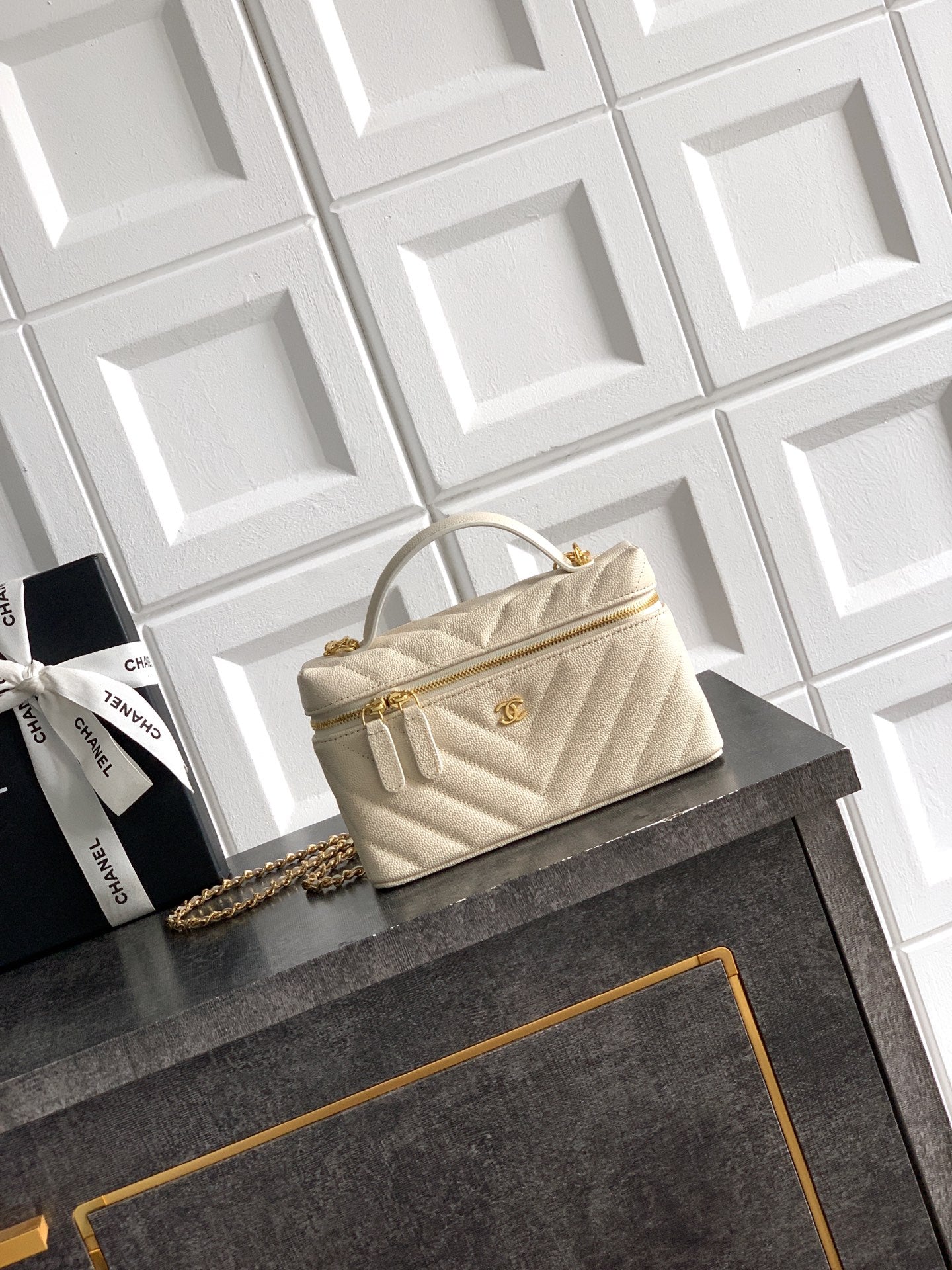 Chanel 26P Lunchbox Vanity Bag — Cream Beige Caviar Leather with Antique Gold Hardware