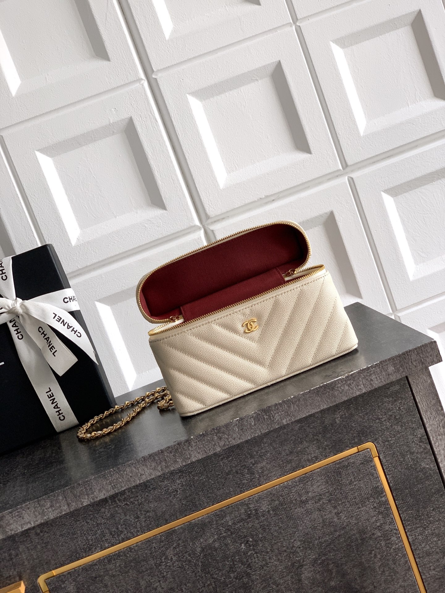 Chanel 26P Lunchbox Vanity Bag — Cream Beige Caviar Leather with Antique Gold Hardware