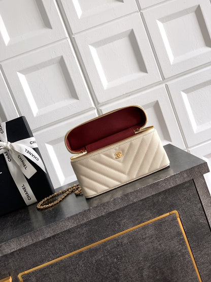 Chanel 26P Lunchbox Vanity Bag — Cream Beige Caviar Leather with Antique Gold Hardware