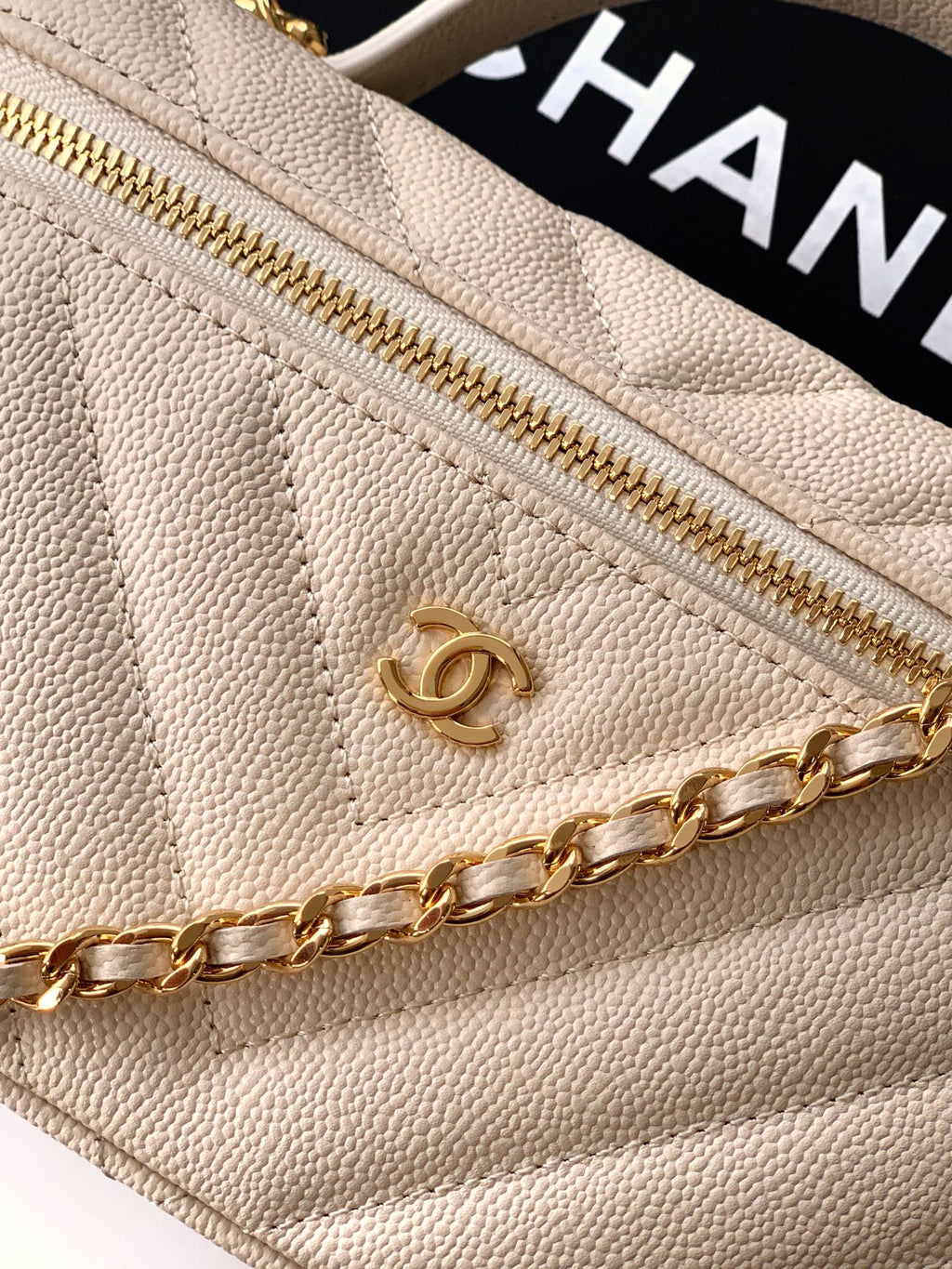 Chanel 26P Lunchbox Vanity Bag — Cream Beige Caviar Leather with Antique Gold Hardware