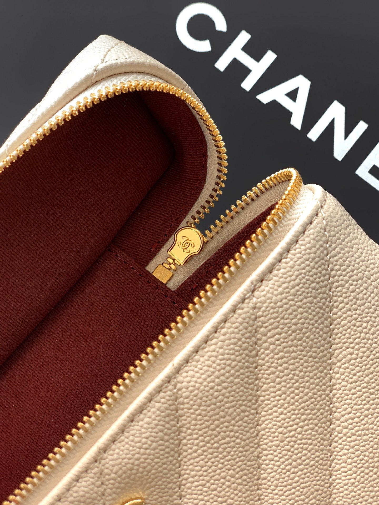 Chanel 26P Lunchbox Vanity Bag — Cream Beige Caviar Leather with Antique Gold Hardware