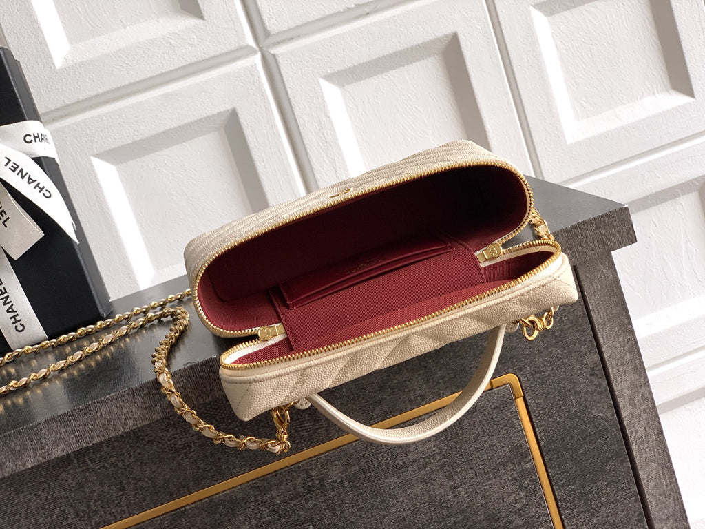 Chanel 26P Lunchbox Vanity Bag — Cream Beige Caviar Leather with Antique Gold Hardware