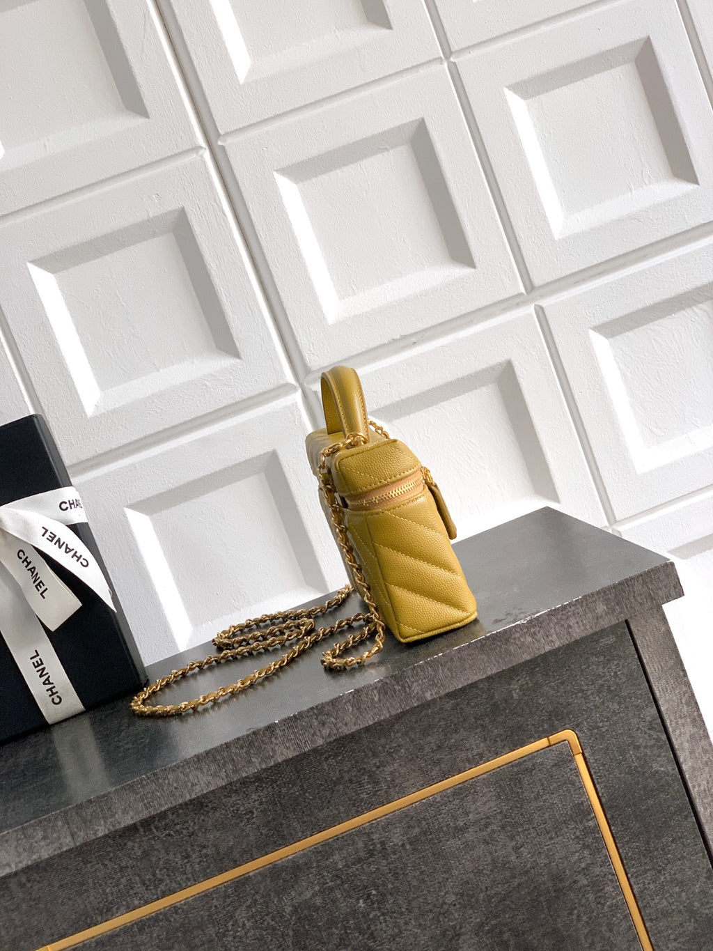 Chanel 26P Lunchbox Vanity Bag — Olive Green Caviar Leather with Antique Gold Hardware