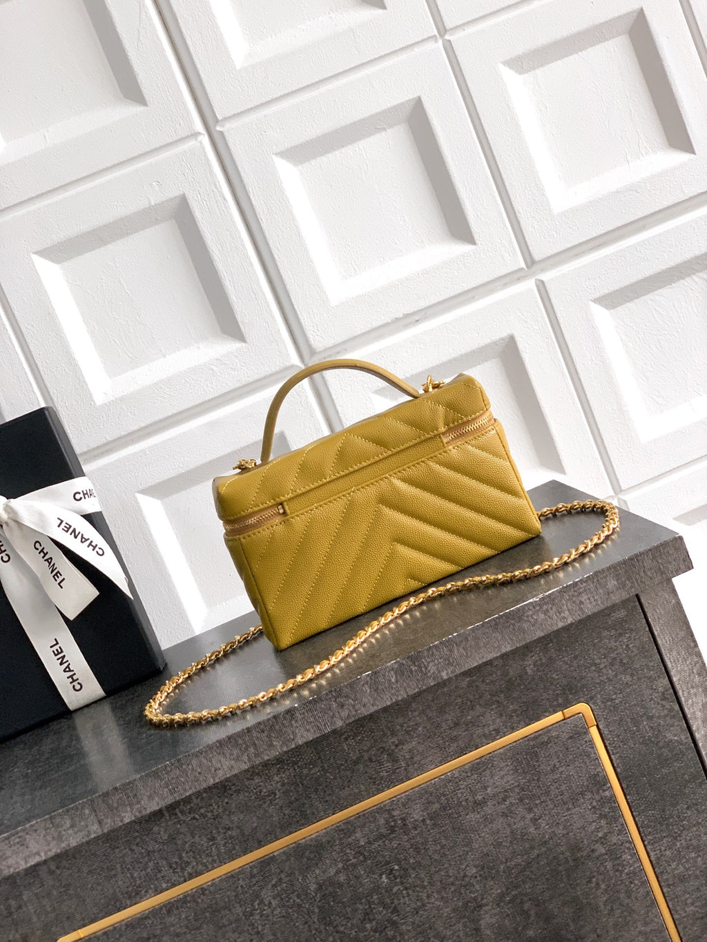 Chanel 26P Lunchbox Vanity Bag — Olive Green Caviar Leather with Antique Gold Hardware