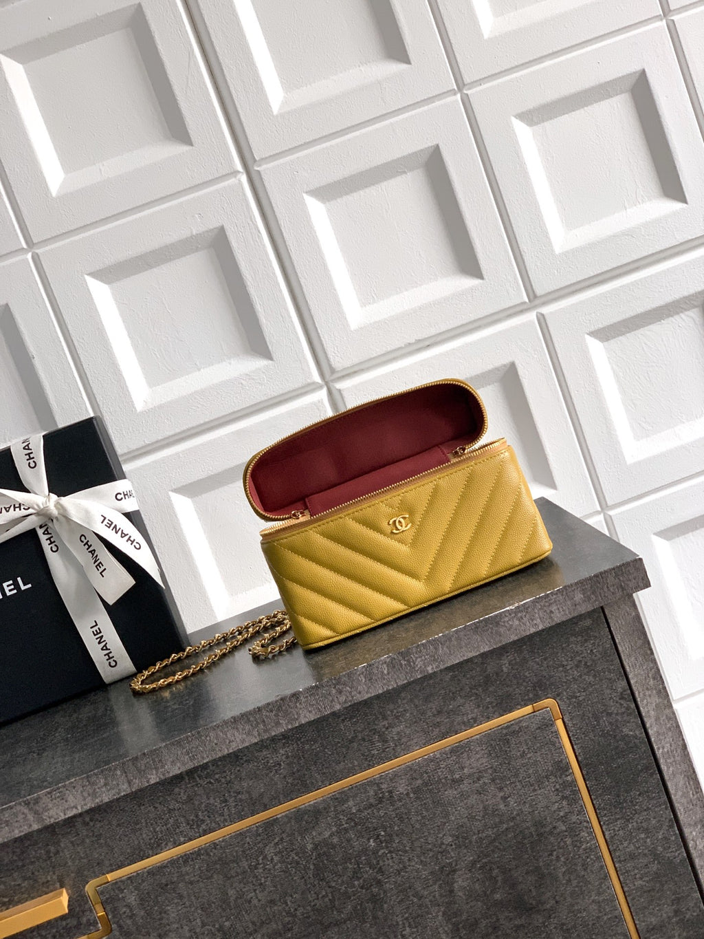 Chanel 26P Lunchbox Vanity Bag — Olive Green Caviar Leather with Antique Gold Hardware