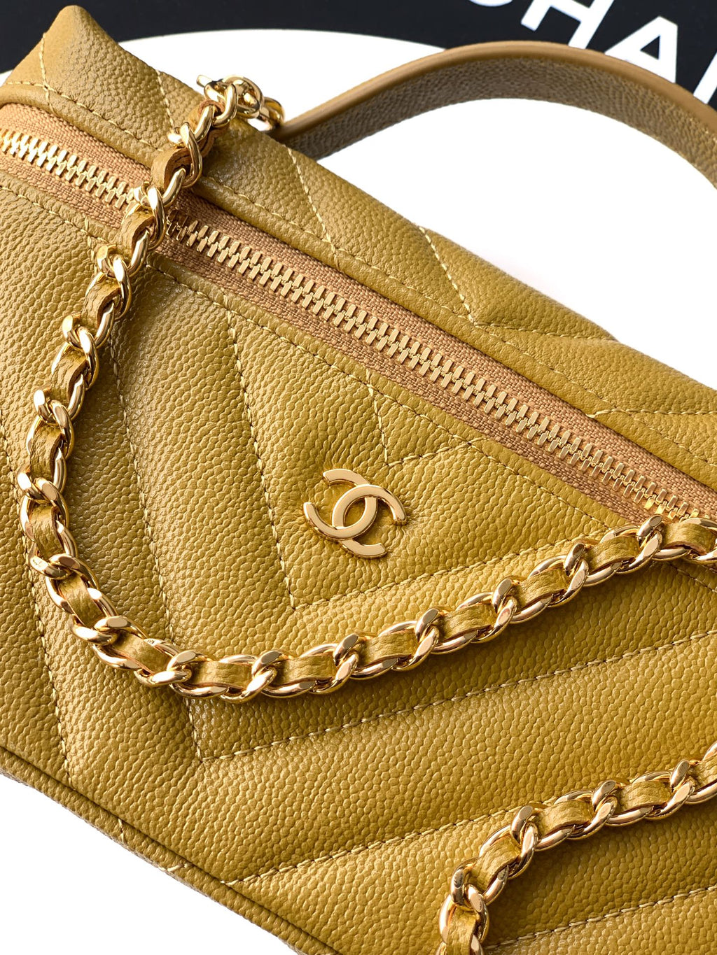 Chanel 26P Lunchbox Vanity Bag — Olive Green Caviar Leather with Antique Gold Hardware
