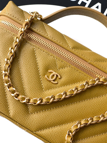 Chanel 26P Lunchbox Vanity Bag — Olive Green Caviar Leather with Antique Gold Hardware