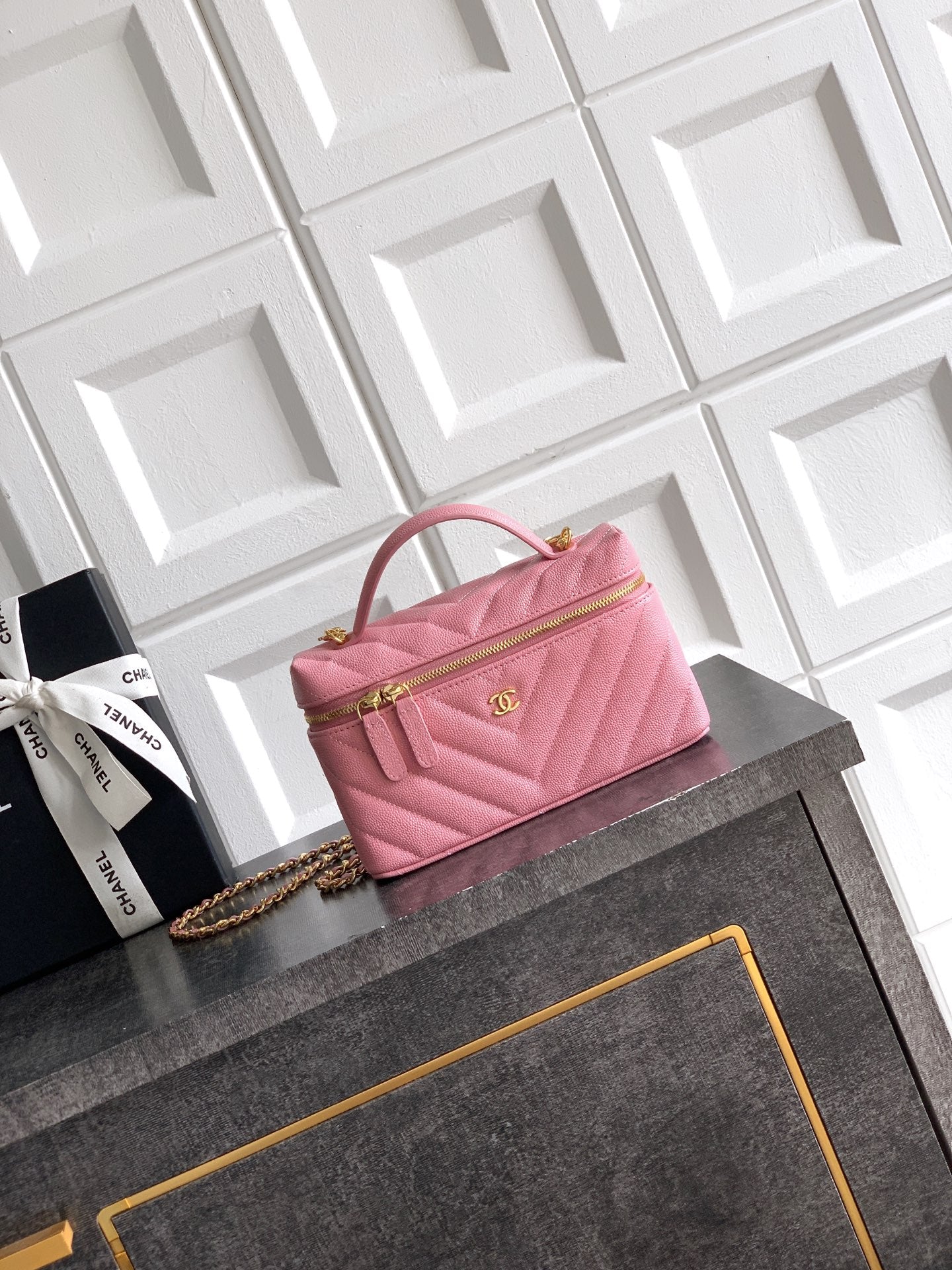 Chanel 26P Lunchbox Vanity Bag — Sakura Pink Caviar Leather with Antique Gold Hardware