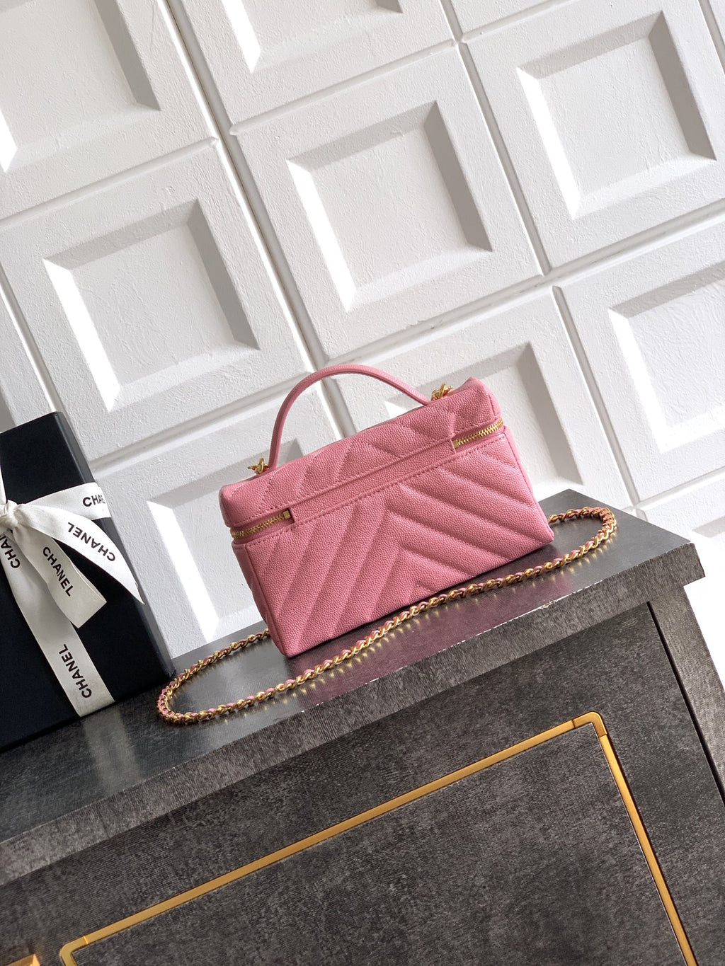 Chanel 26P Lunchbox Vanity Bag — Sakura Pink Caviar Leather with Antique Gold Hardware