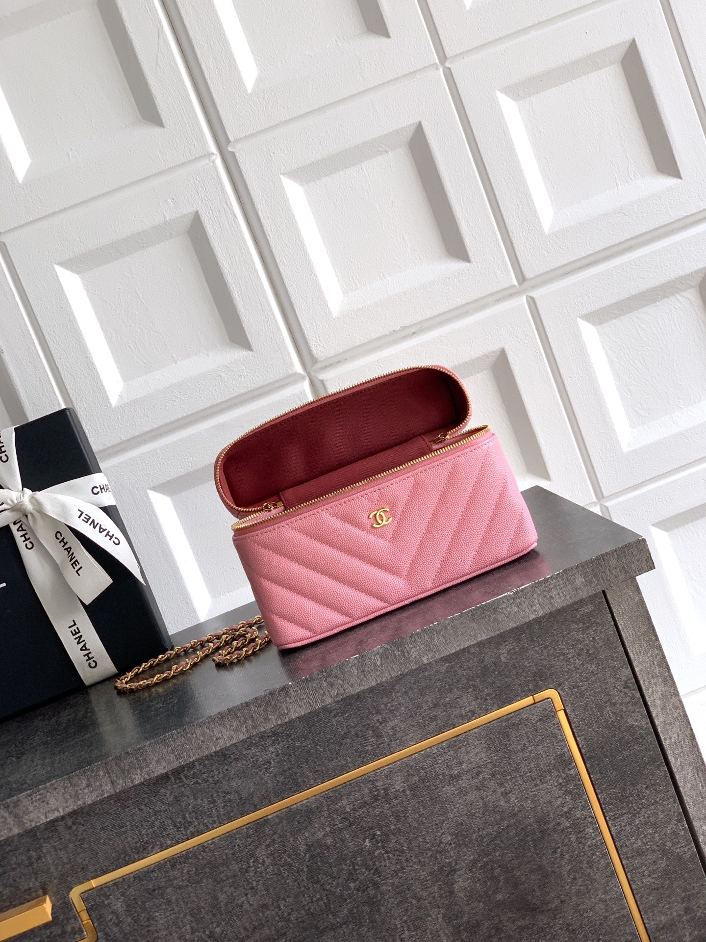 Chanel 26P Lunchbox Vanity Bag — Sakura Pink Caviar Leather with Antique Gold Hardware