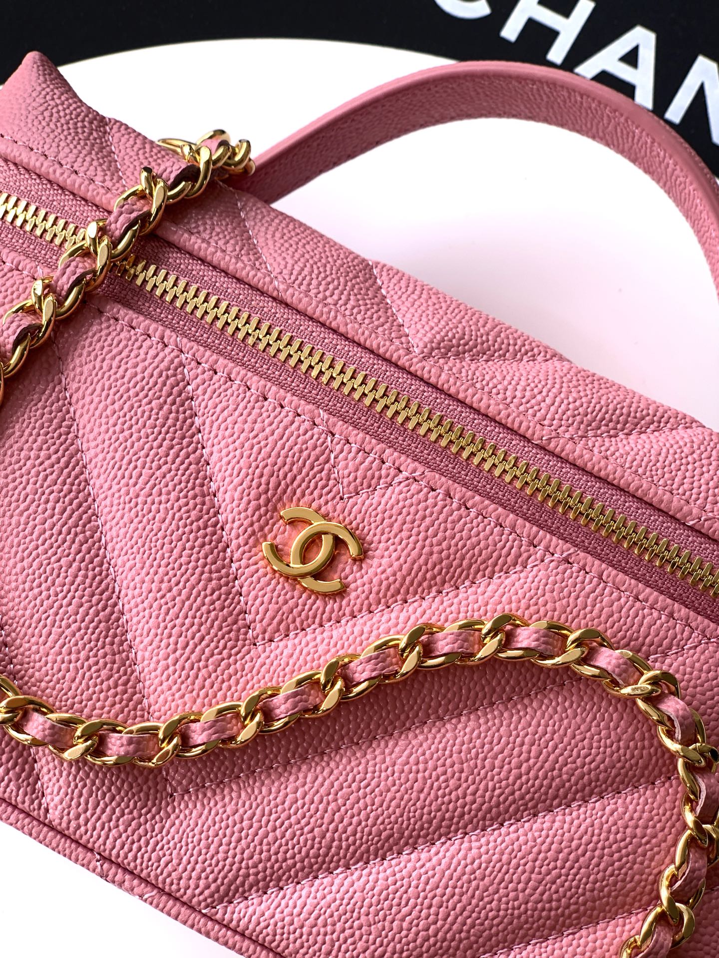 Chanel 26P Lunchbox Vanity Bag — Sakura Pink Caviar Leather with Antique Gold Hardware