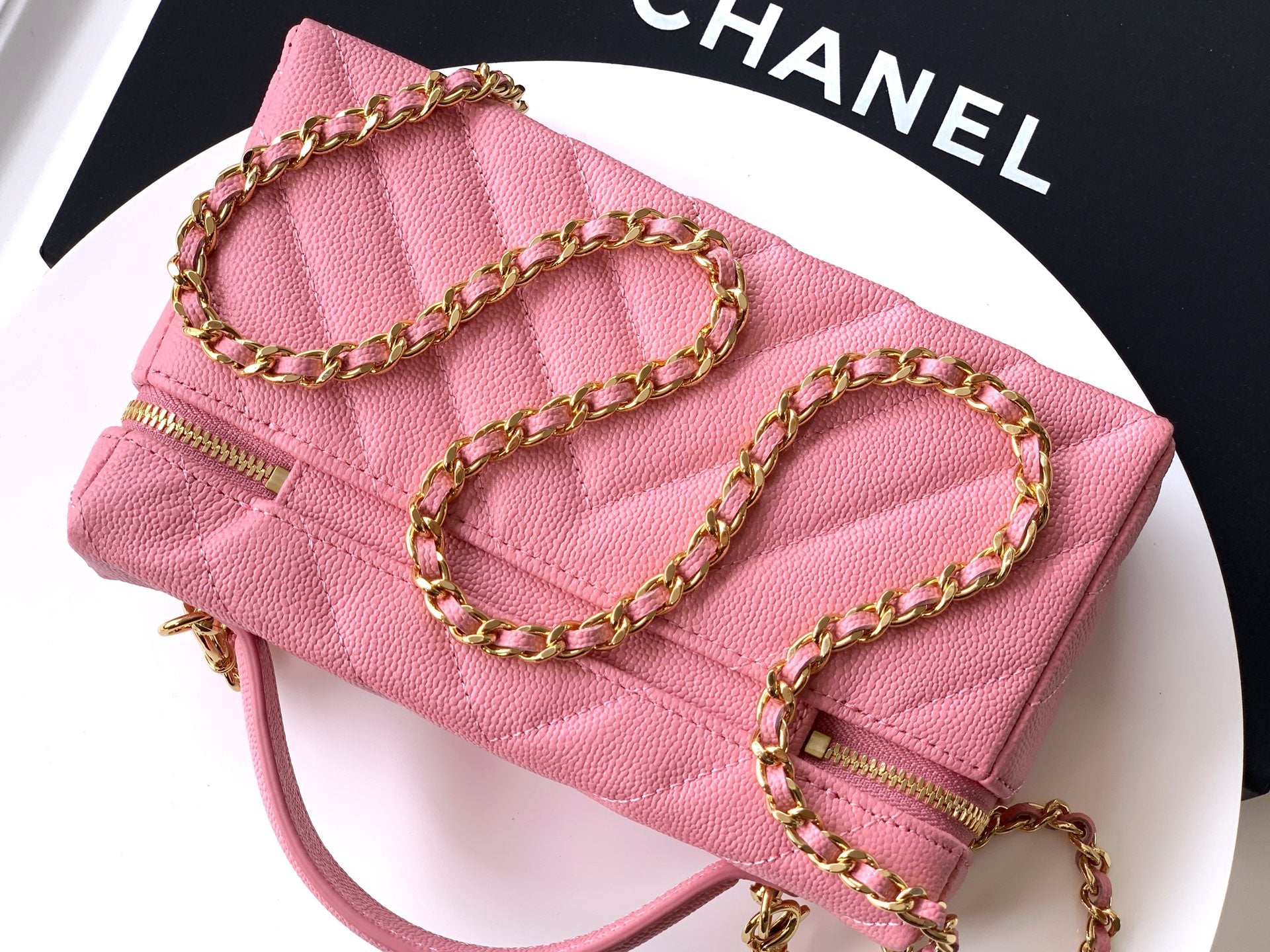 Chanel 26P Lunchbox Vanity Bag — Sakura Pink Caviar Leather with Antique Gold Hardware