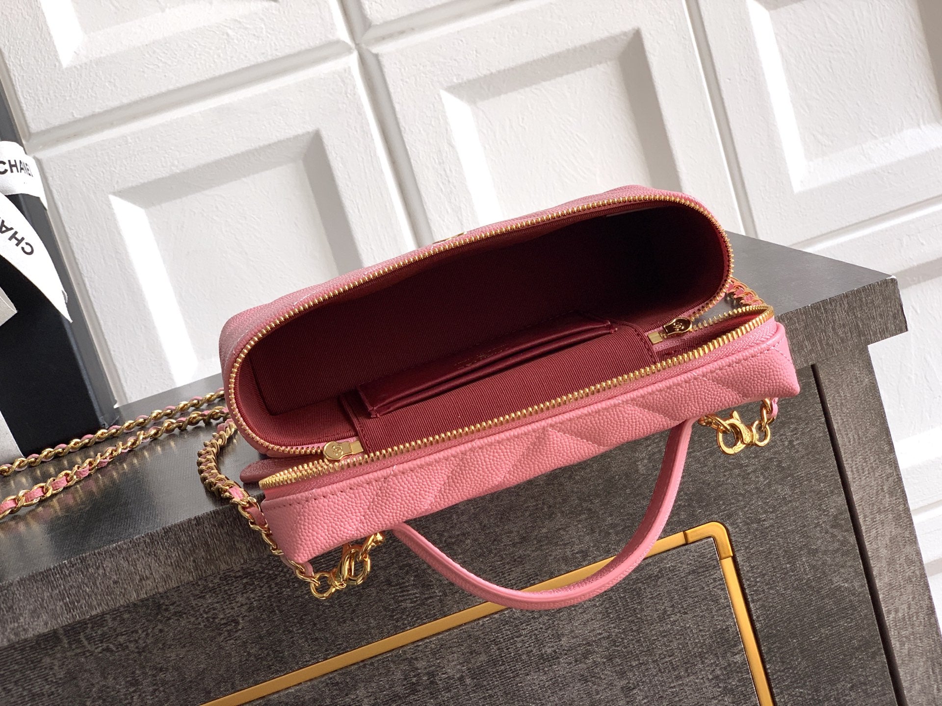 Chanel 26P Lunchbox Vanity Bag — Sakura Pink Caviar Leather with Antique Gold Hardware