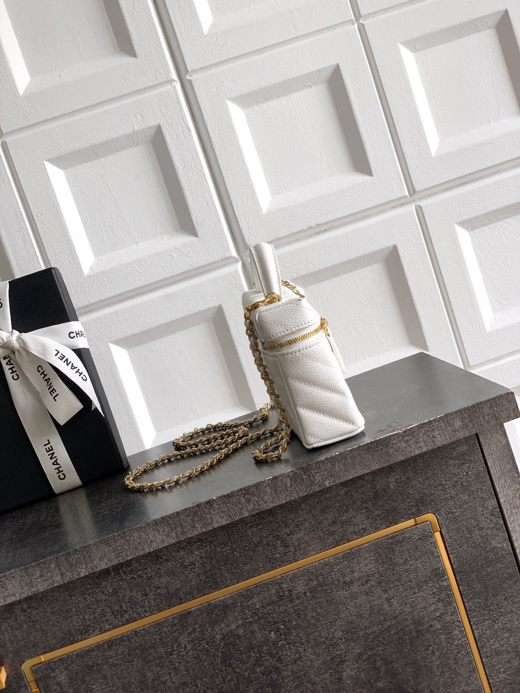 Chanel 26P Lunchbox Vanity Bag — Milk White Caviar Leather with Antique Gold Hardware