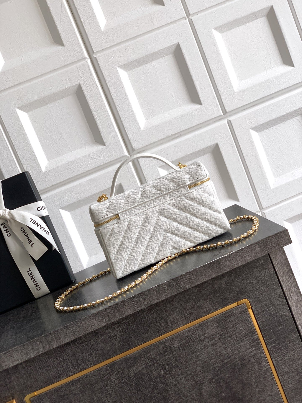 Chanel 26P Lunchbox Vanity Bag — Milk White Caviar Leather with Antique Gold Hardware