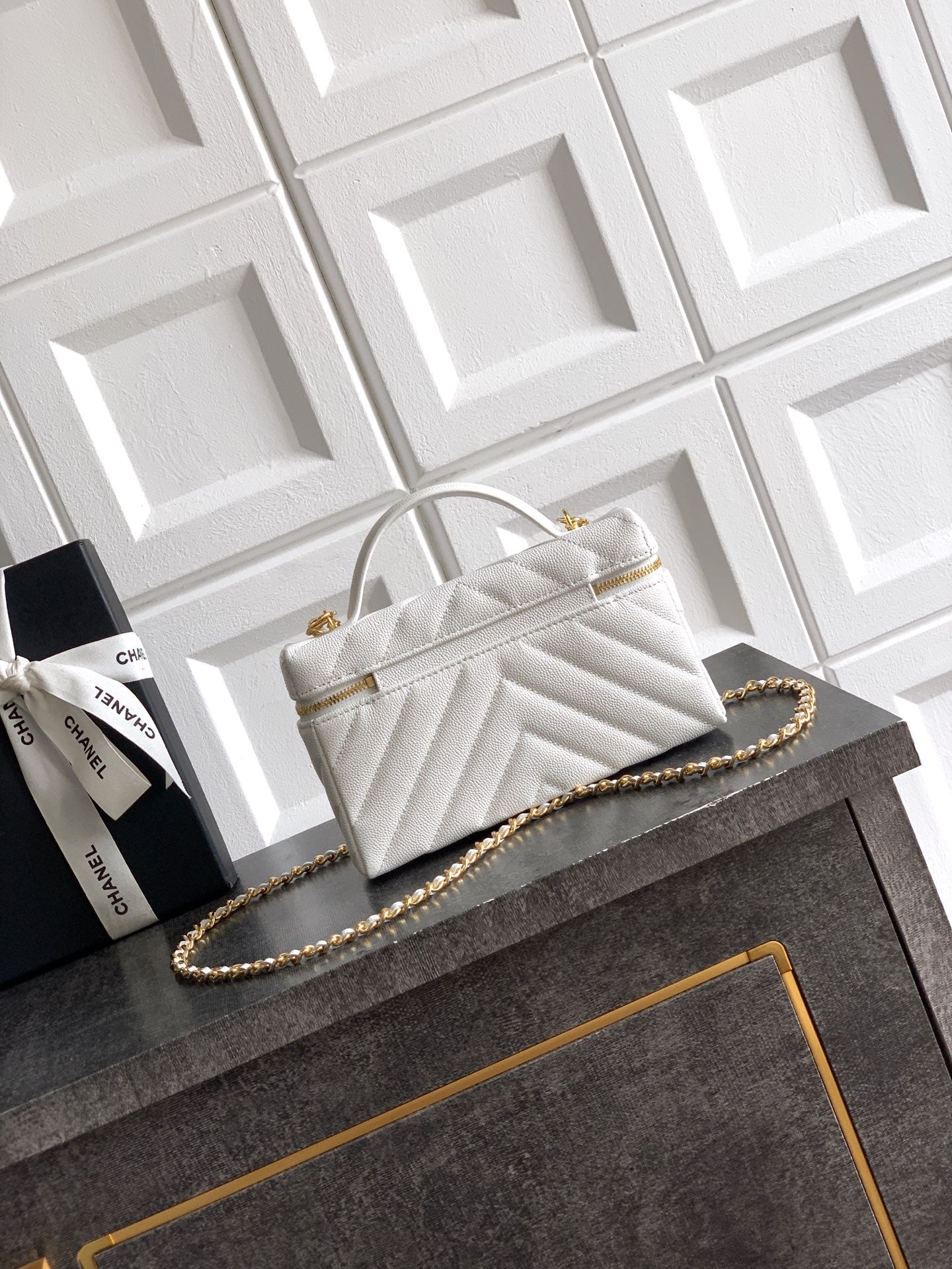 Chanel 26P Lunchbox Vanity Bag — Milk White Caviar Leather with Antique Gold Hardware
