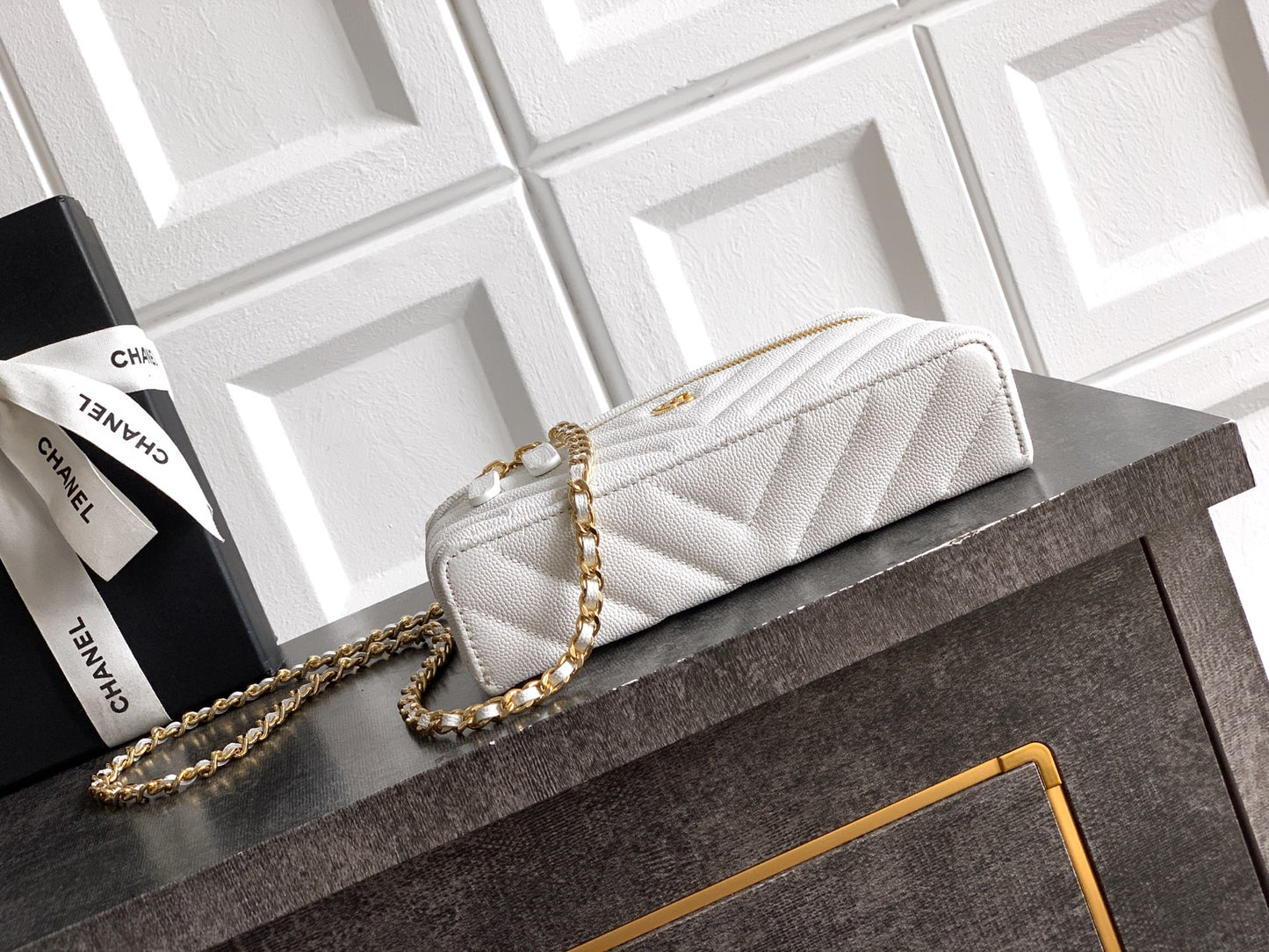 Chanel 26P Lunchbox Vanity Bag — Milk White Caviar Leather with Antique Gold Hardware