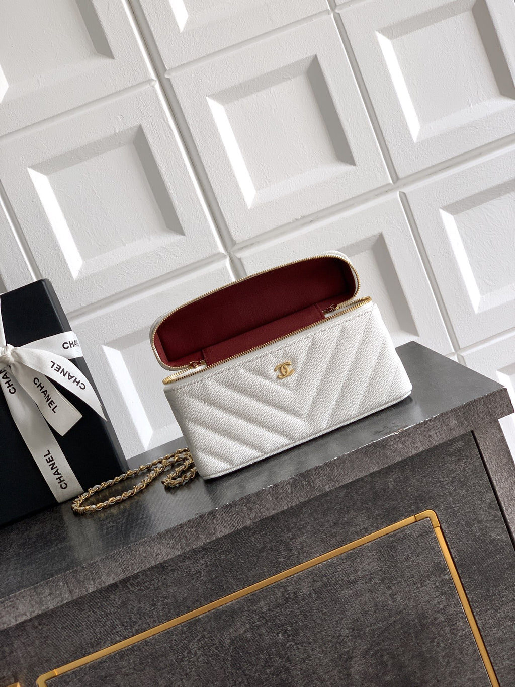 Chanel 26P Lunchbox Vanity Bag — Milk White Caviar Leather with Antique Gold Hardware