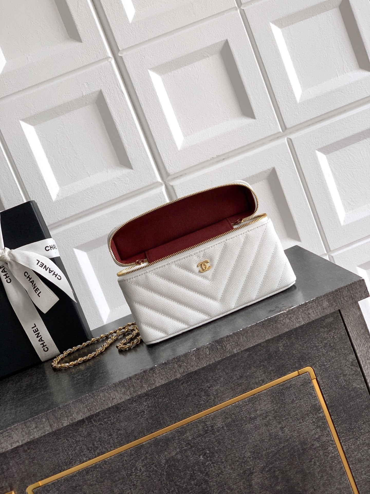 Chanel 26P Lunchbox Vanity Bag — Milk White Caviar Leather with Antique Gold Hardware
