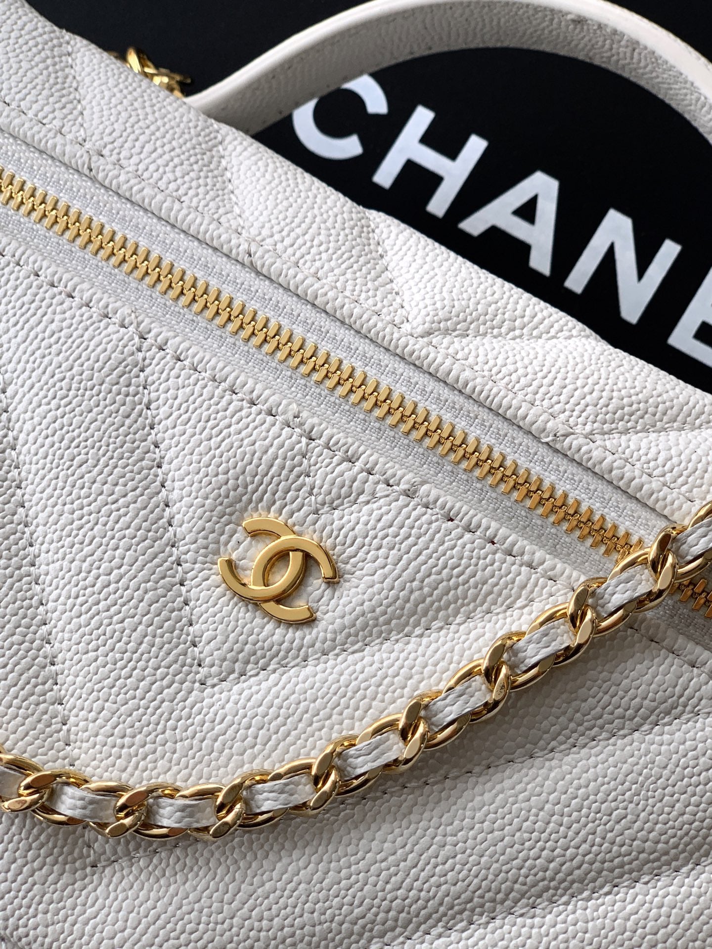 Chanel 26P Lunchbox Vanity Bag — Milk White Caviar Leather with Antique Gold Hardware