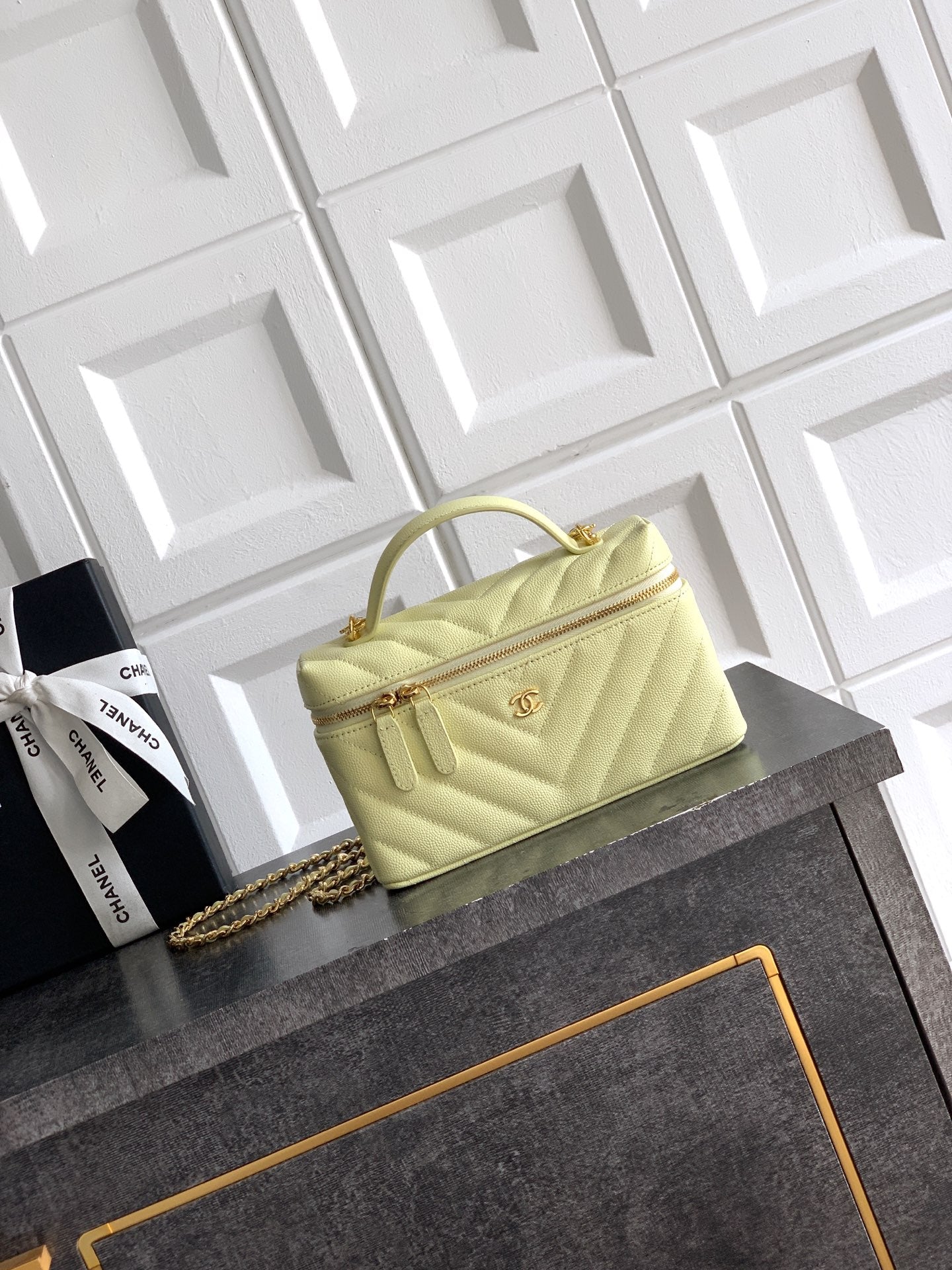 Chanel 26P Lunchbox Vanity Bag — Butter Yellow Caviar Leather with Antique Gold Hardware