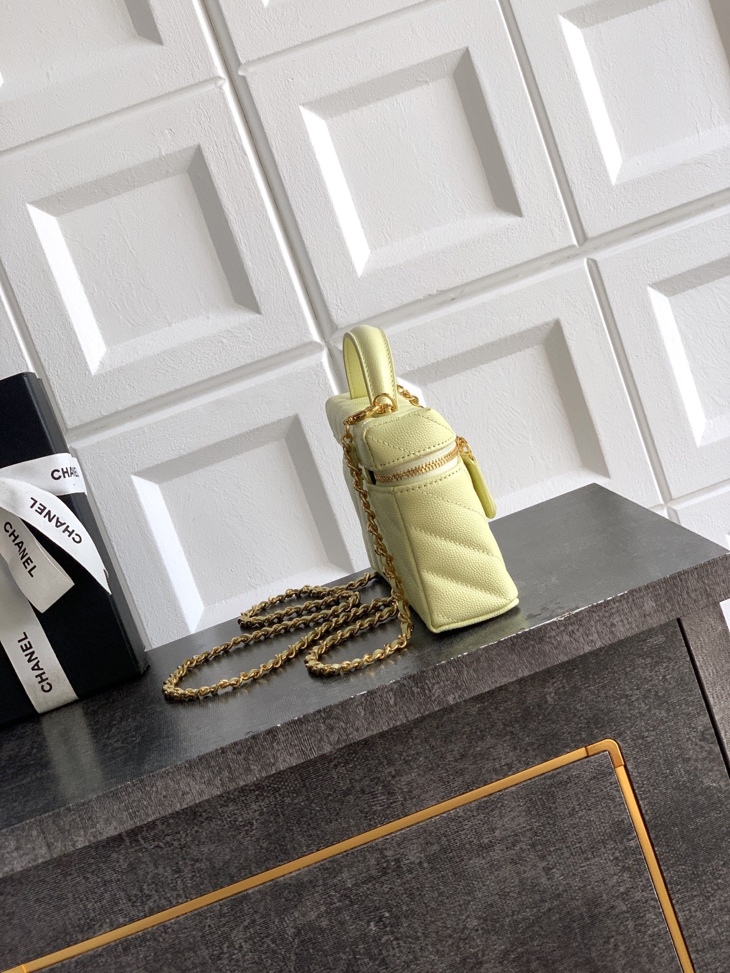 Chanel 26P Lunchbox Vanity Bag — Butter Yellow Caviar Leather with Antique Gold Hardware
