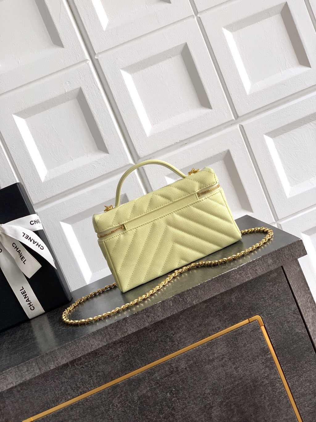 Chanel 26P Lunchbox Vanity Bag — Butter Yellow Caviar Leather with Antique Gold Hardware