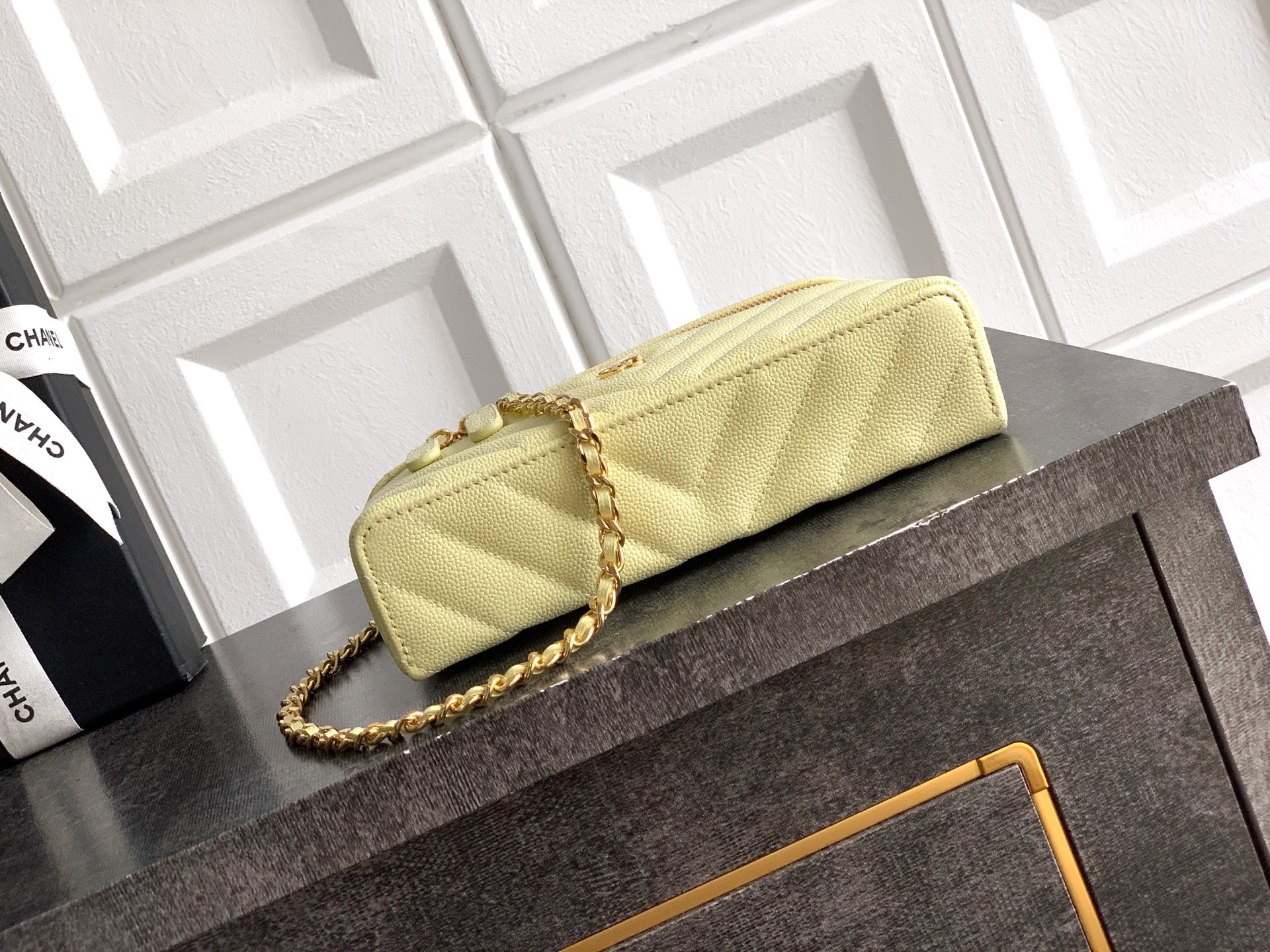 Chanel 26P Lunchbox Vanity Bag — Butter Yellow Caviar Leather with Antique Gold Hardware