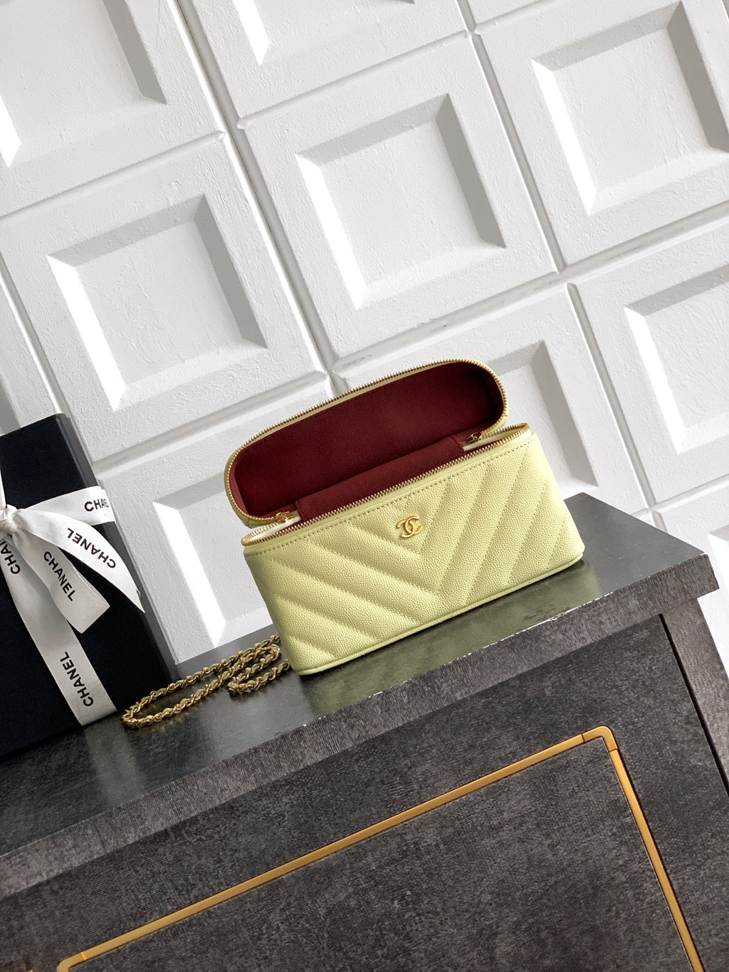 Chanel 26P Lunchbox Vanity Bag — Butter Yellow Caviar Leather with Antique Gold Hardware