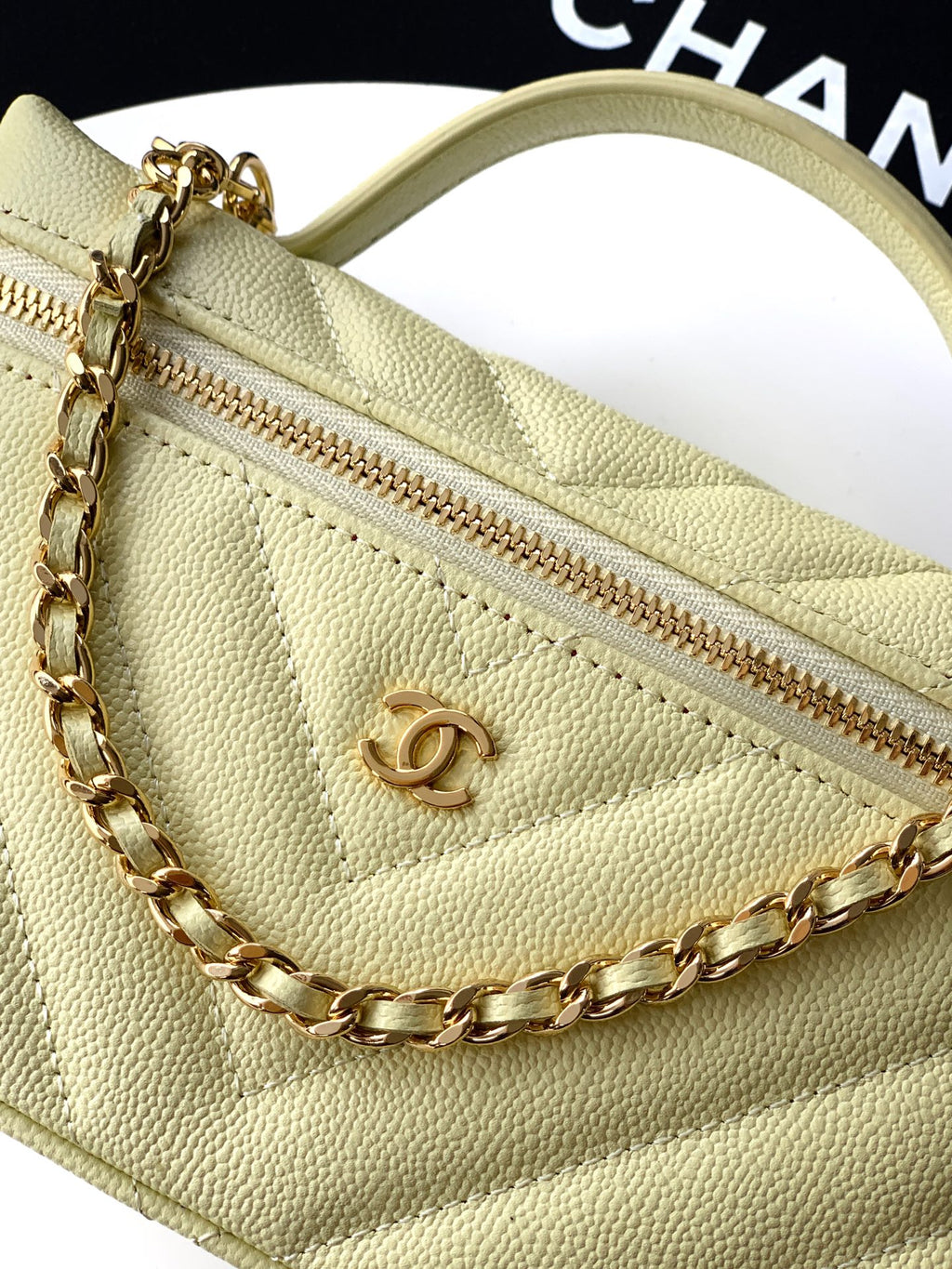 Chanel 26P Lunchbox Vanity Bag — Butter Yellow Caviar Leather with Antique Gold Hardware