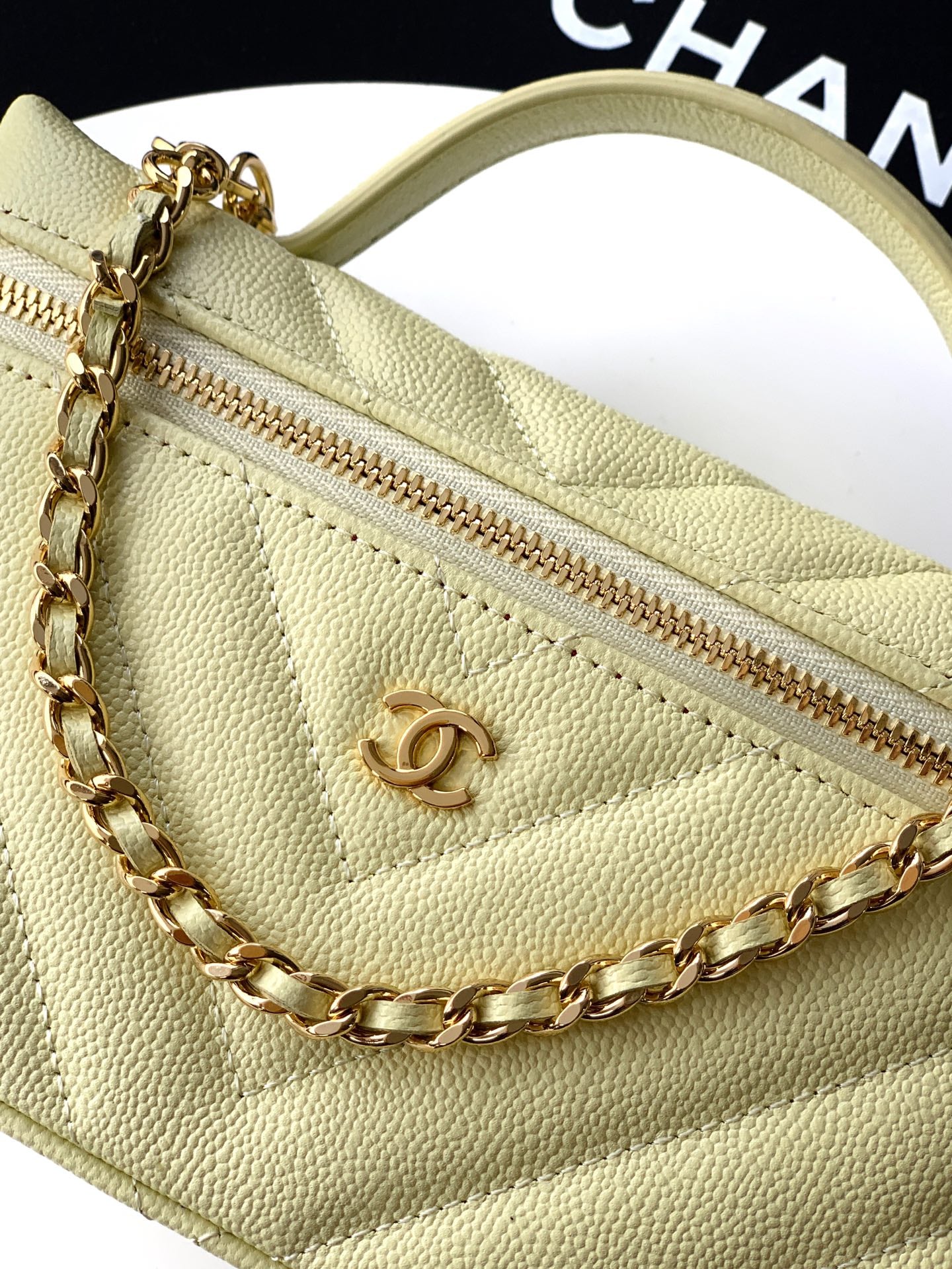 Chanel 26P Lunchbox Vanity Bag — Butter Yellow Caviar Leather with Antique Gold Hardware