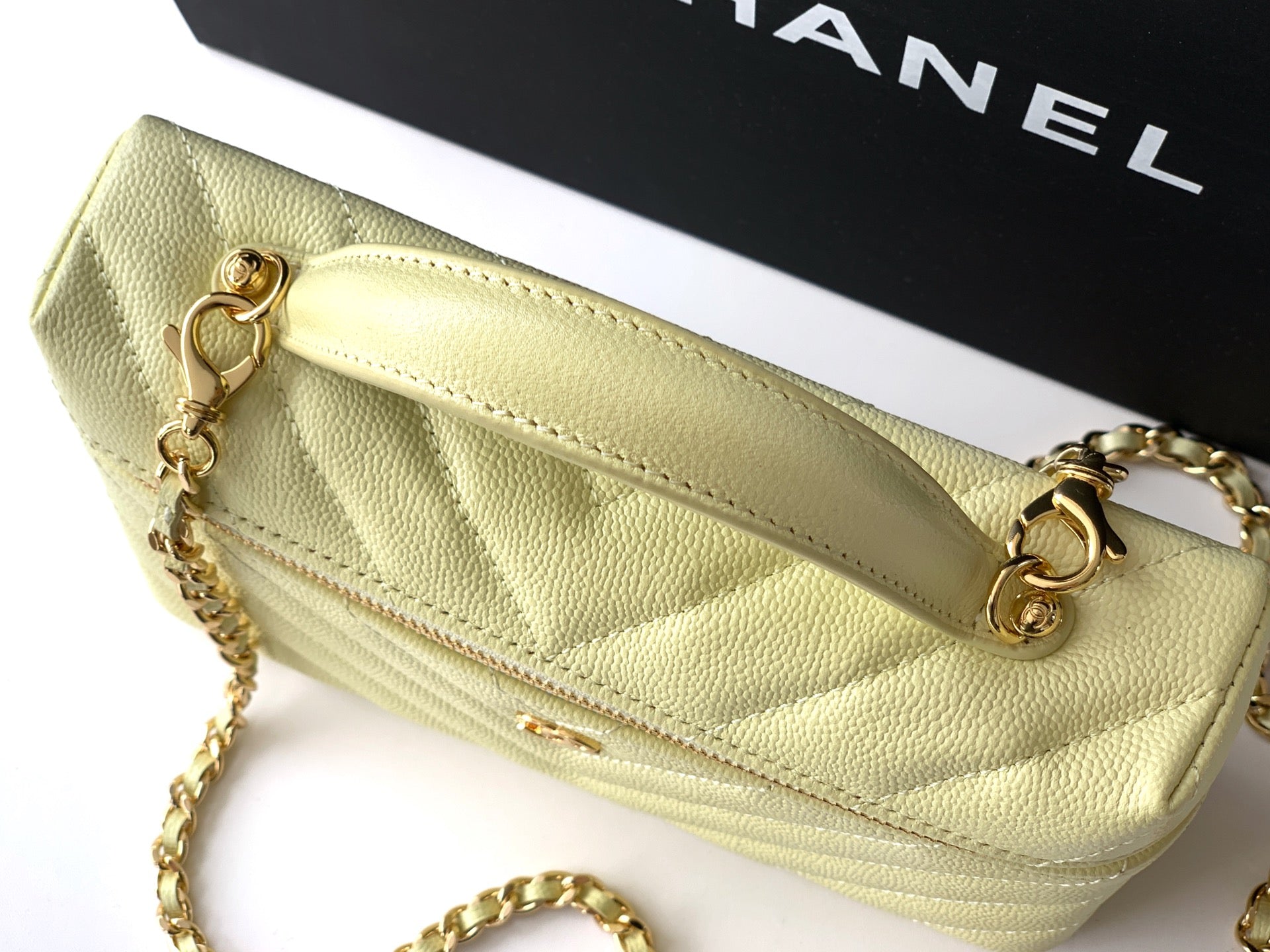 Chanel 26P Lunchbox Vanity Bag — Butter Yellow Caviar Leather with Antique Gold Hardware