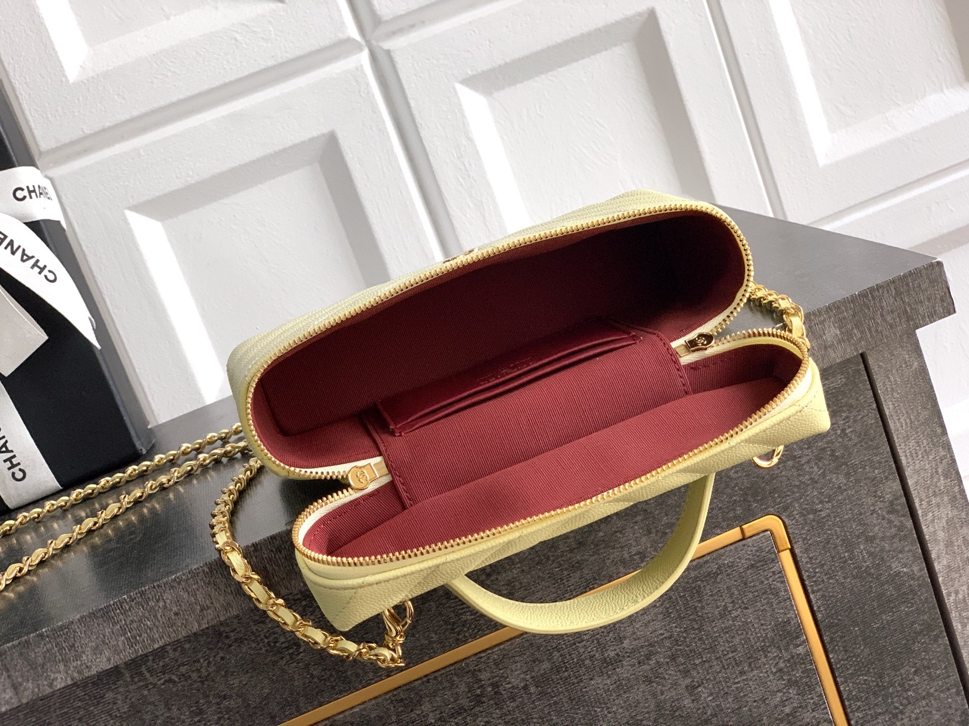 Chanel 26P Lunchbox Vanity Bag — Butter Yellow Caviar Leather with Antique Gold Hardware