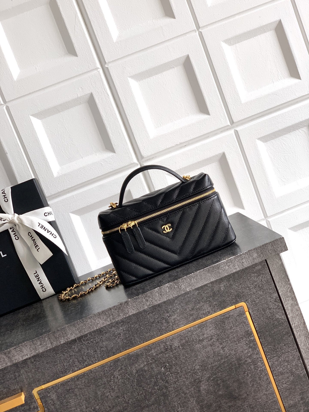 Chanel 26P Lunchbox Vanity Bag — Black Caviar Leather with Antique Gold Hardware