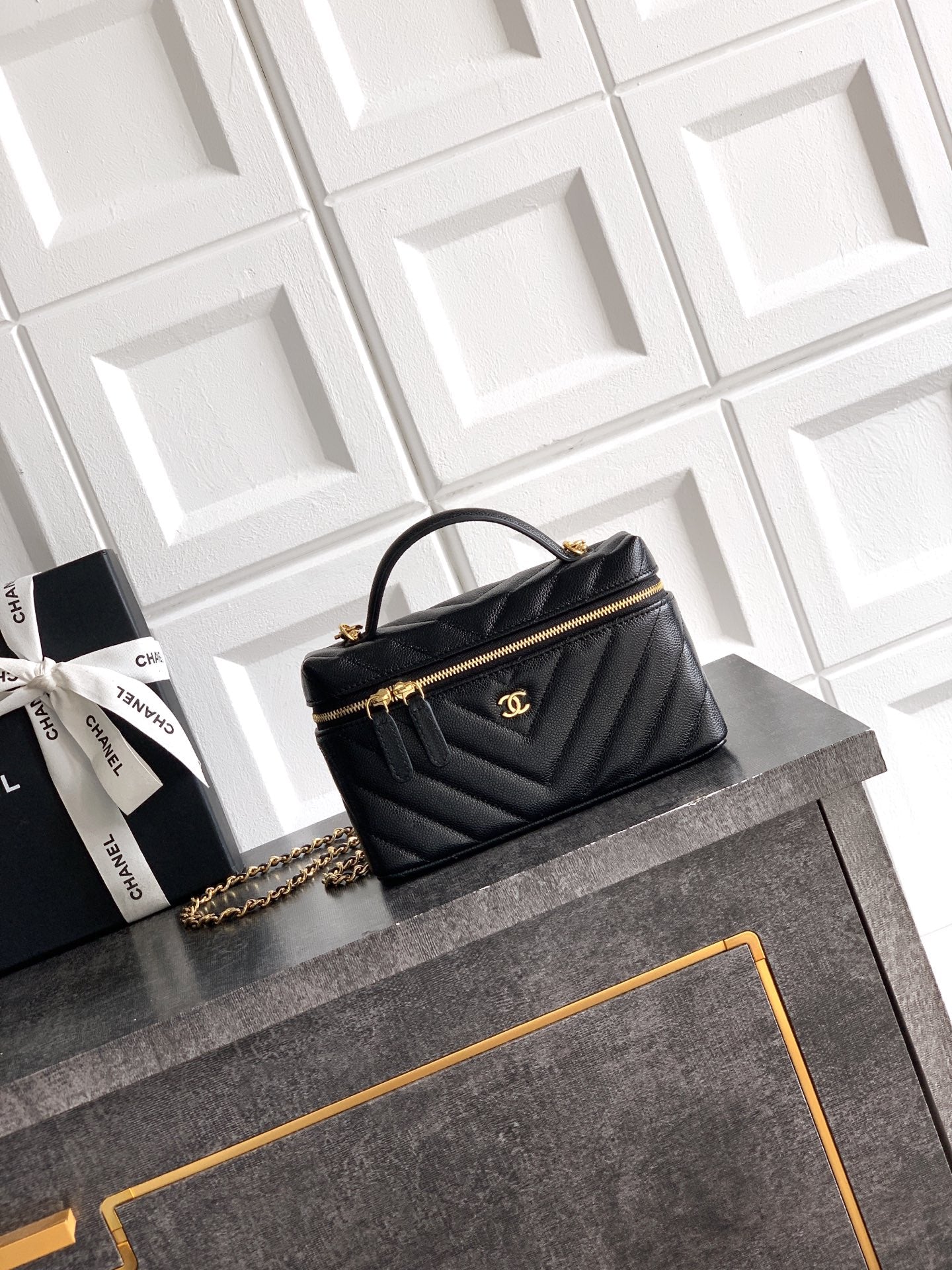 Chanel 26P Lunchbox Vanity Bag — Black Caviar Leather with Antique Gold Hardware