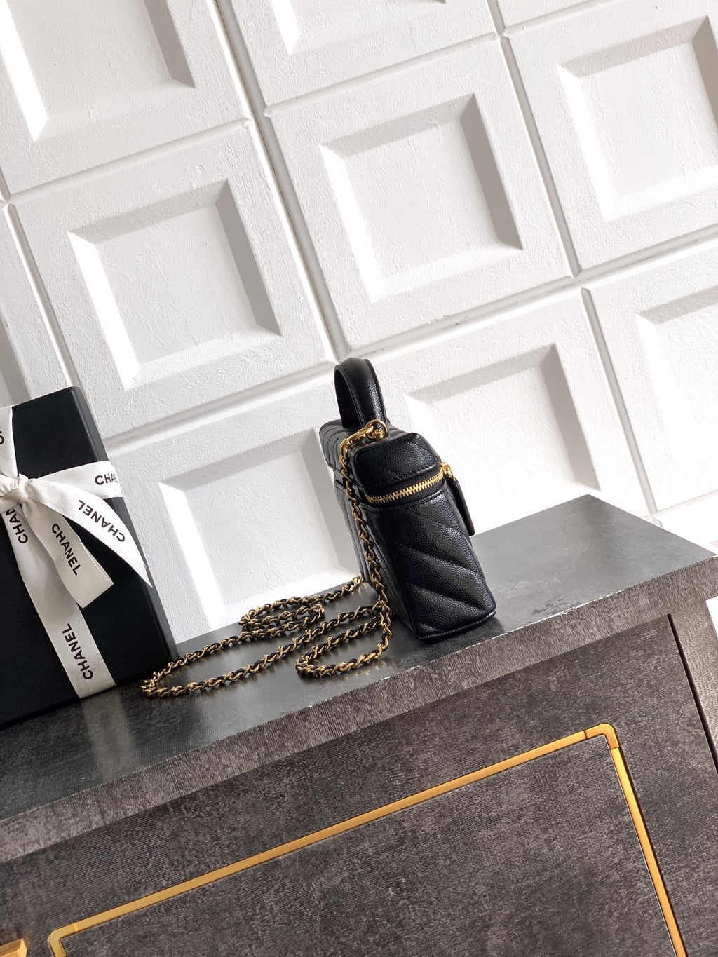 Chanel 26P Lunchbox Vanity Bag — Black Caviar Leather with Antique Gold Hardware