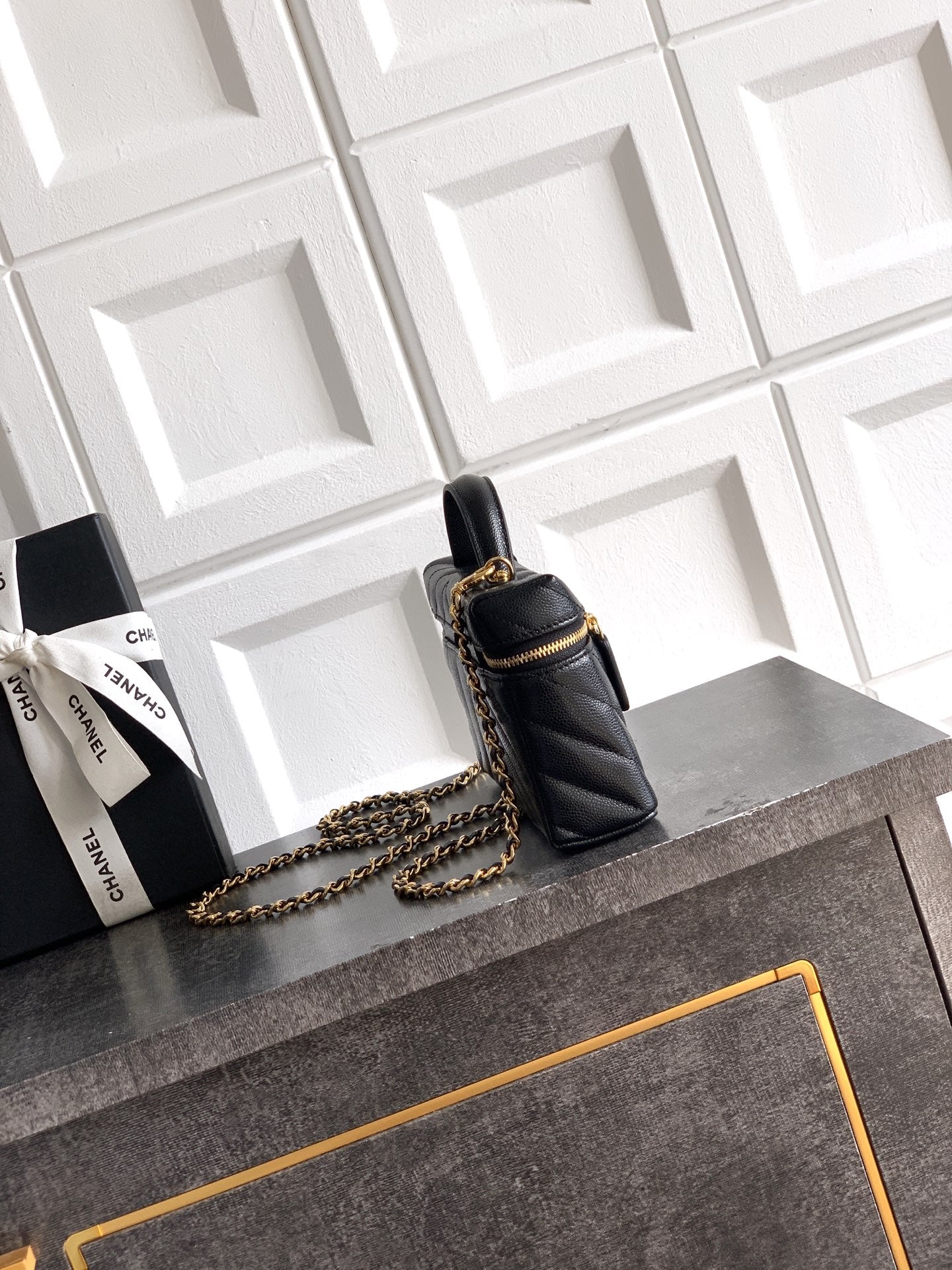 Chanel 26P Lunchbox Vanity Bag — Black Caviar Leather with Antique Gold Hardware