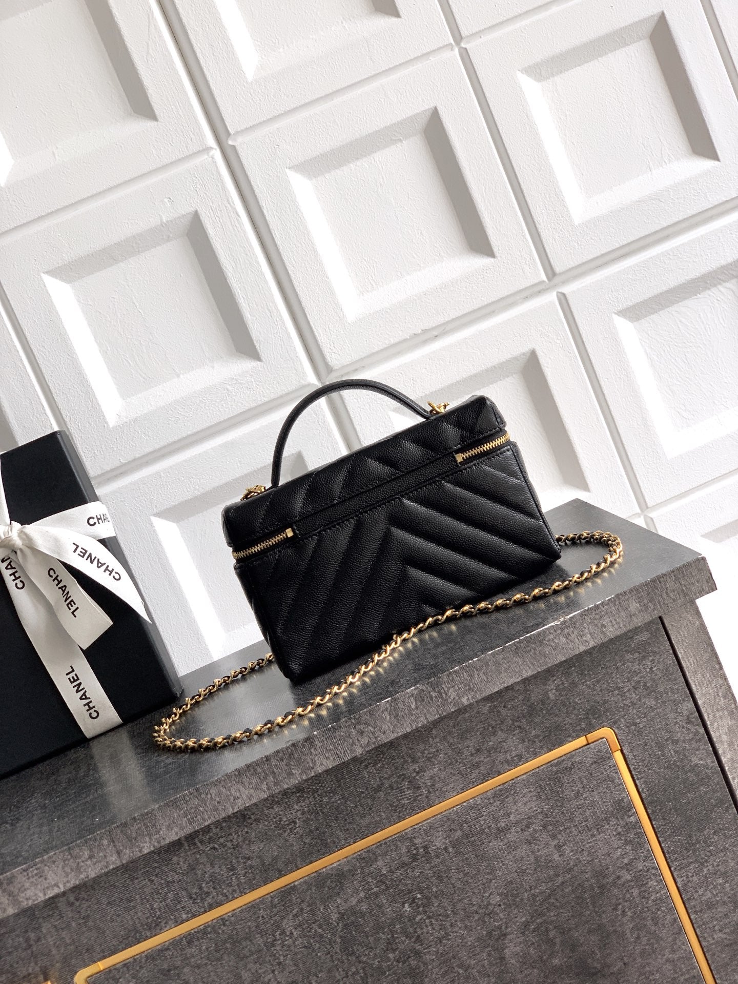 Chanel 26P Lunchbox Vanity Bag — Black Caviar Leather with Antique Gold Hardware
