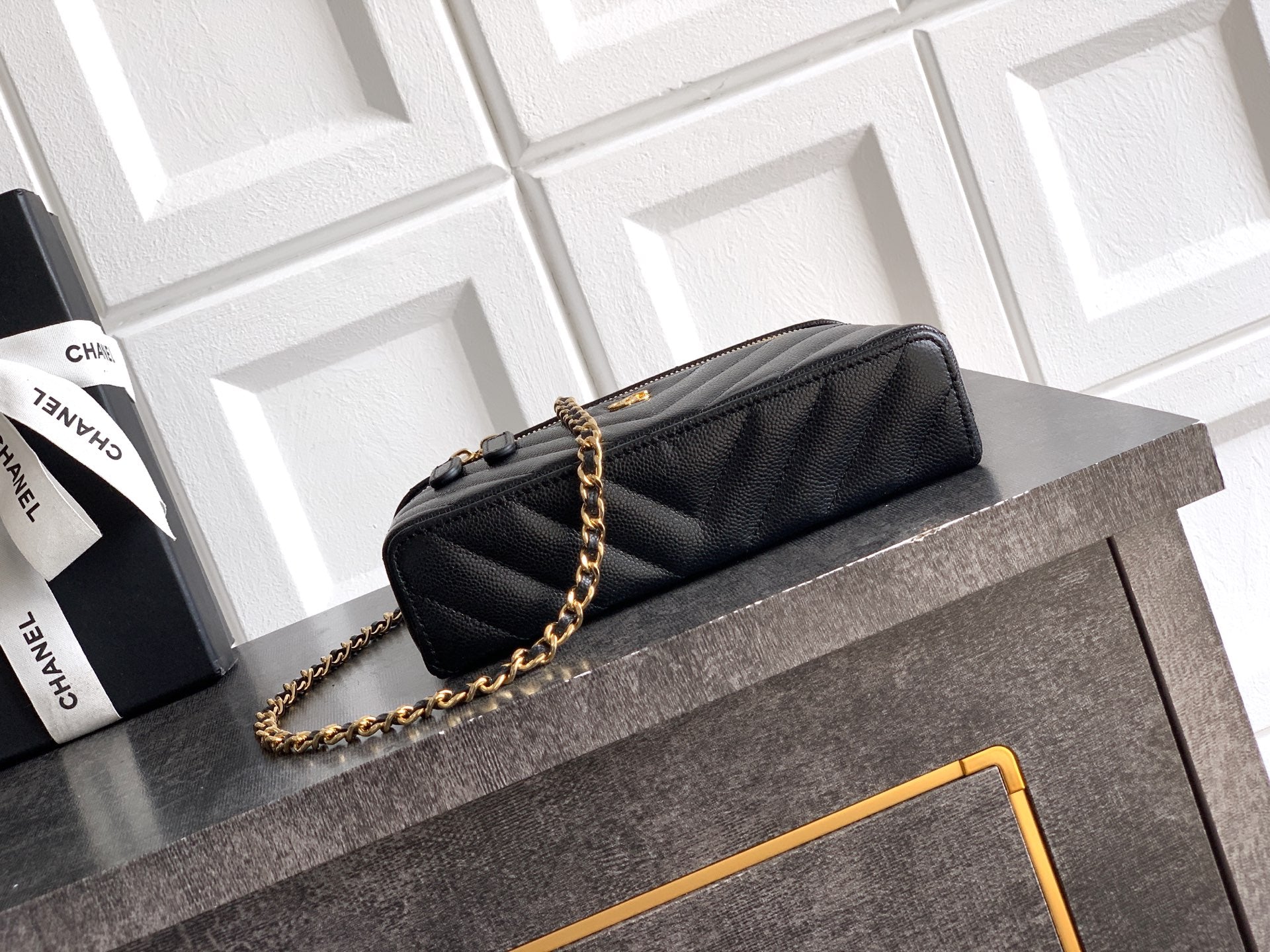 Chanel 26P Lunchbox Vanity Bag — Black Caviar Leather with Antique Gold Hardware