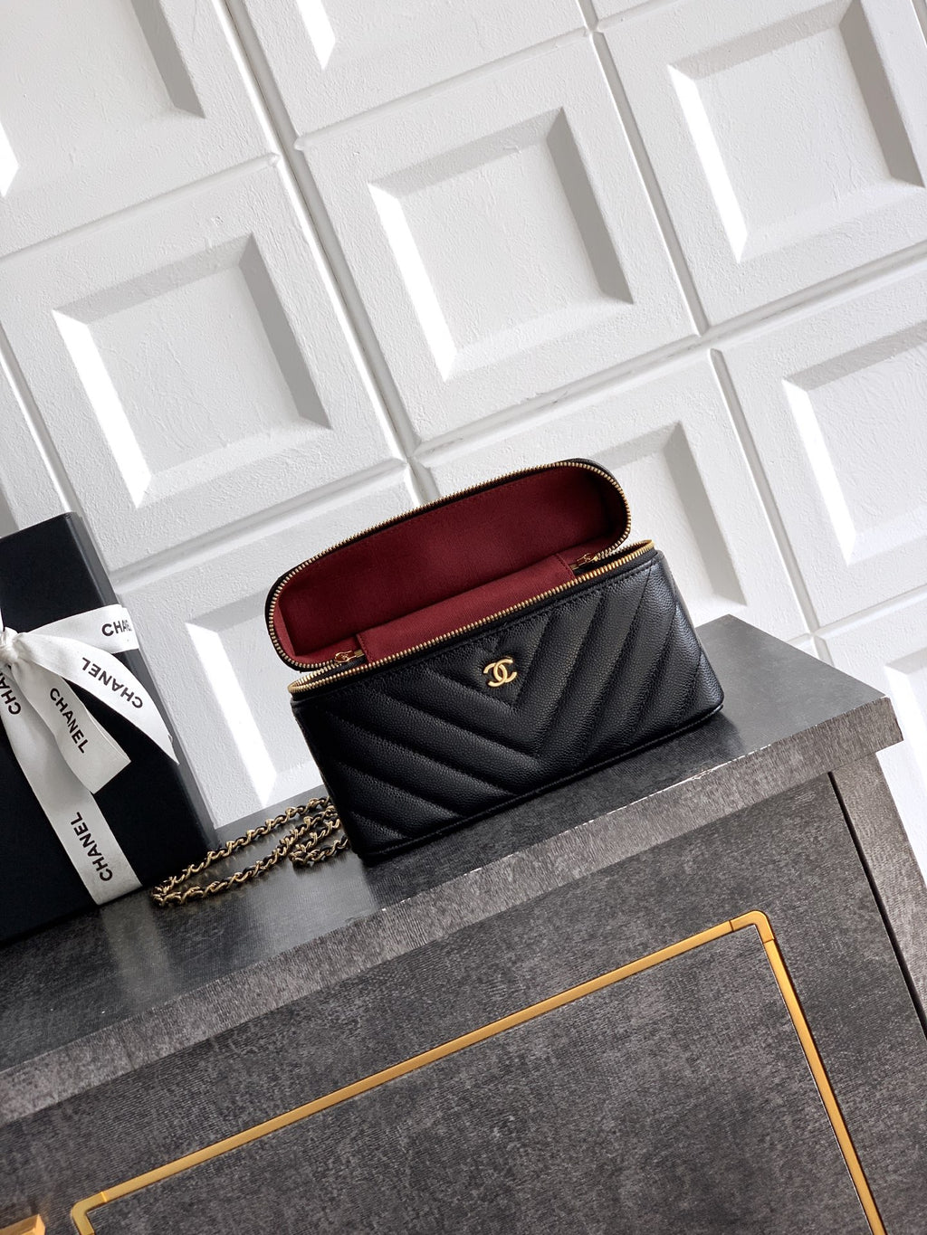 Chanel 26P Lunchbox Vanity Bag — Black Caviar Leather with Antique Gold Hardware