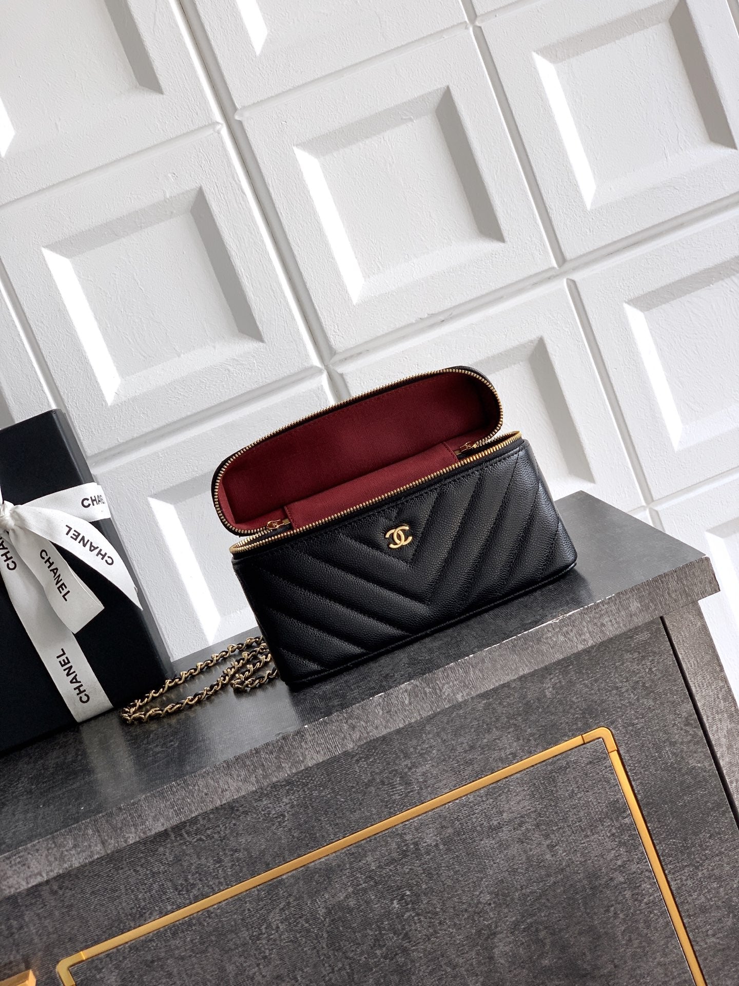 Chanel 26P Lunchbox Vanity Bag — Black Caviar Leather with Antique Gold Hardware