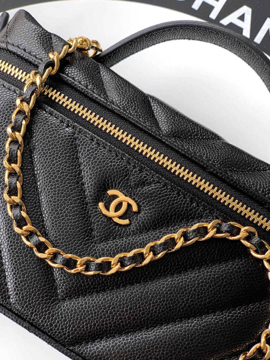 Chanel 26P Lunchbox Vanity Bag — Black Caviar Leather with Antique Gold Hardware